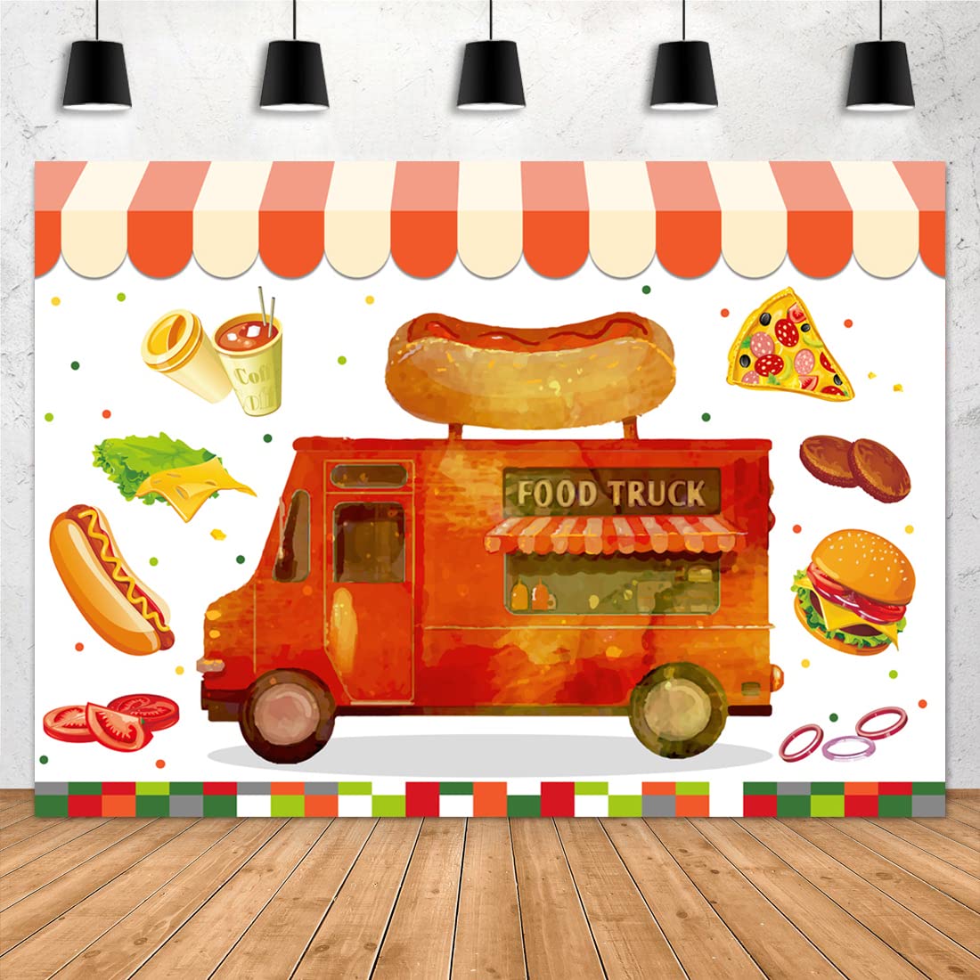 Aperturee Food Truck Backdrop 7X5Ft Hot Dog Pizza Hamburger Coffee Truck Shop Photography Background Birthday Baby Girl Kids Bab