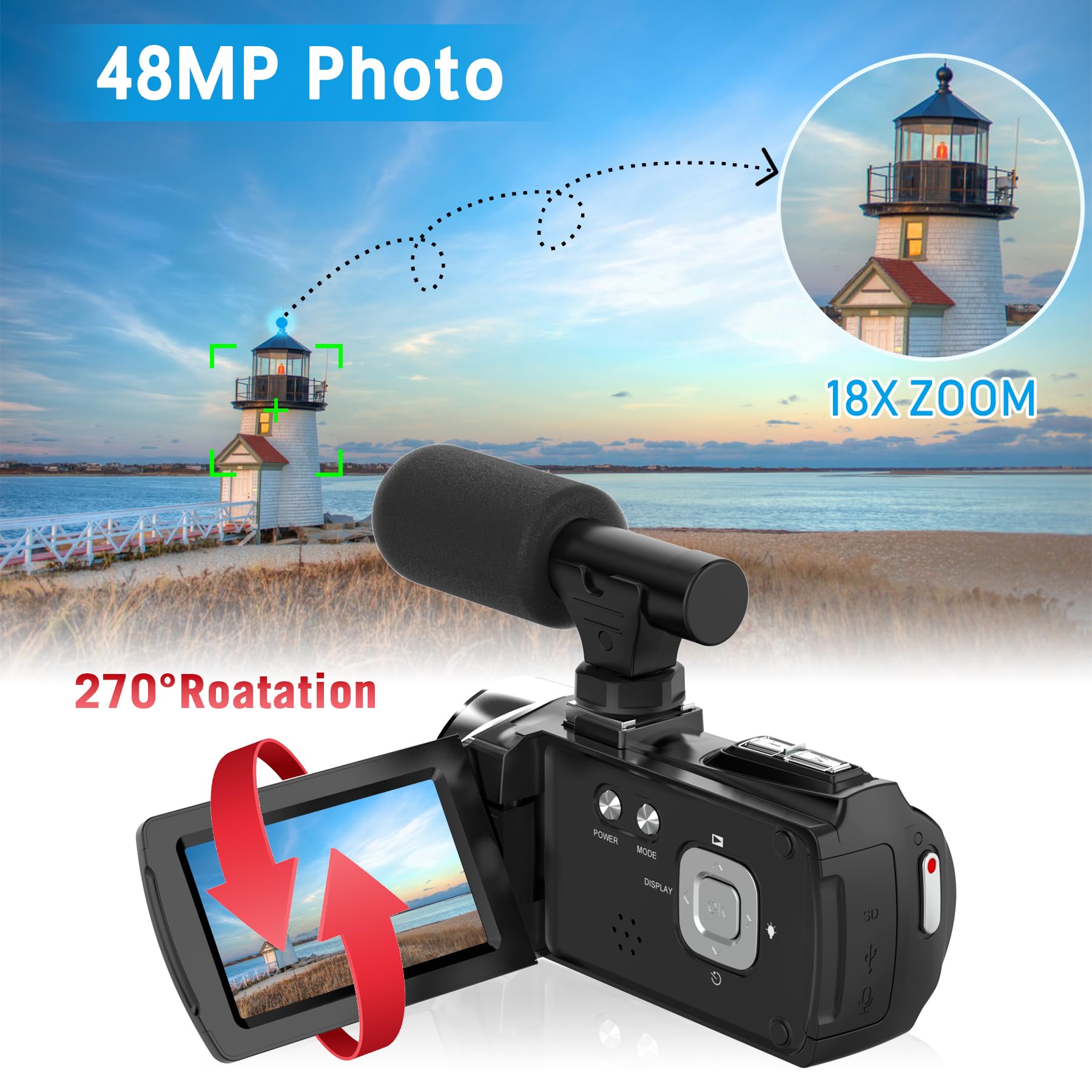 Rumyums Video Camera Camcorder, 4K Camcorder 48Mp 18X Digital Video Camera For Youtube 3.0'' 270 Degree Rotation Screen Video Re