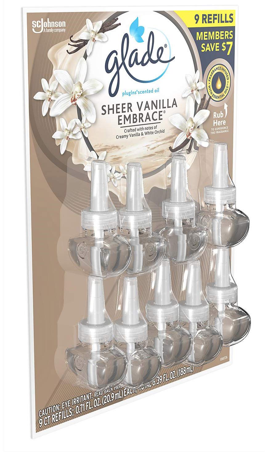 Glade Plugins Scented Oil Warmers Sheer Vanilla Embrace Essential Oil Infused Wall Plug In, 6.39 Ounce, 9 Refills