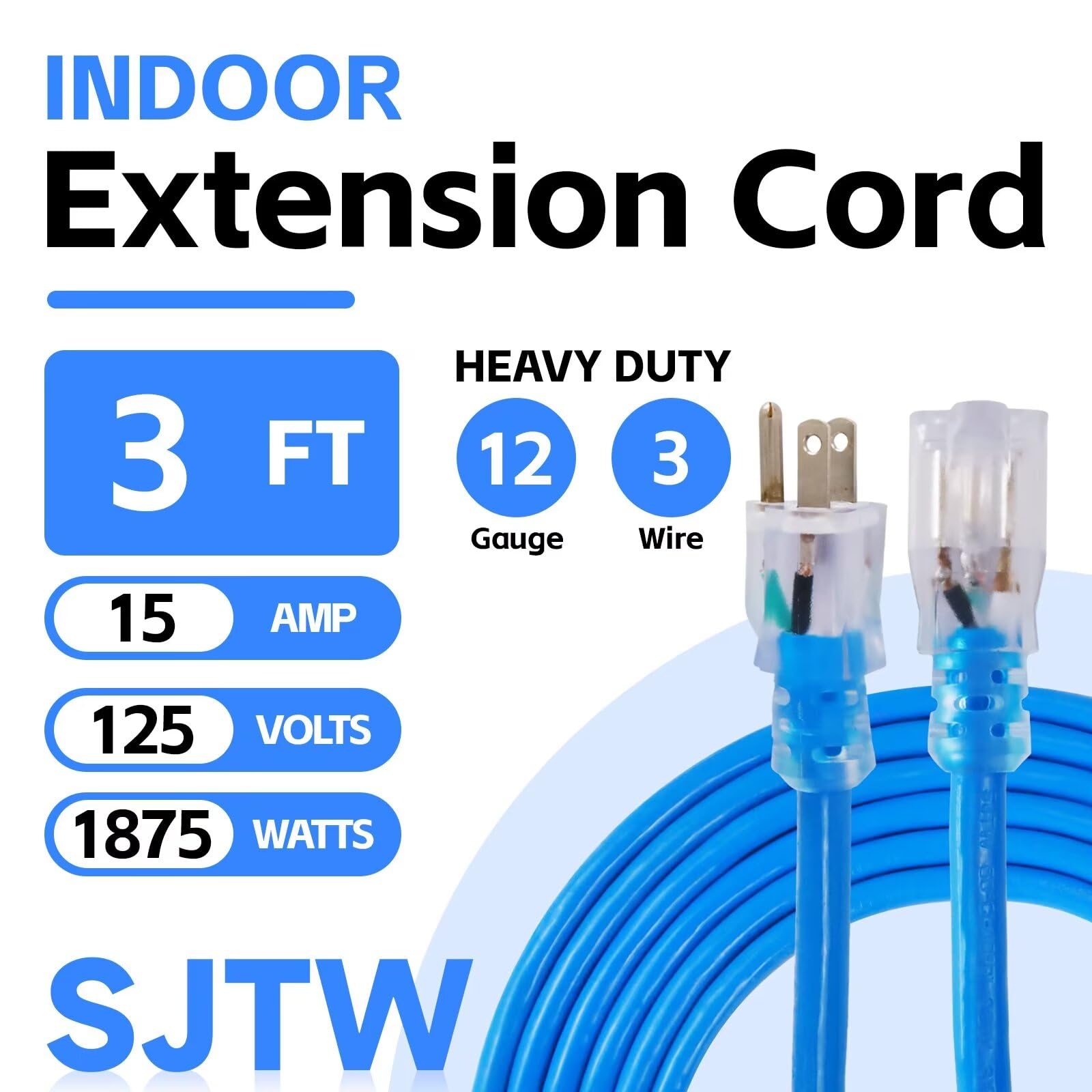 Ultra Explorer Indoor Extension Cord Waterproof 3 Ft, 12 Gauge Heavy Duty Blue Extension Cord Sjtw, Flexible Cold Resistant 3 Pr