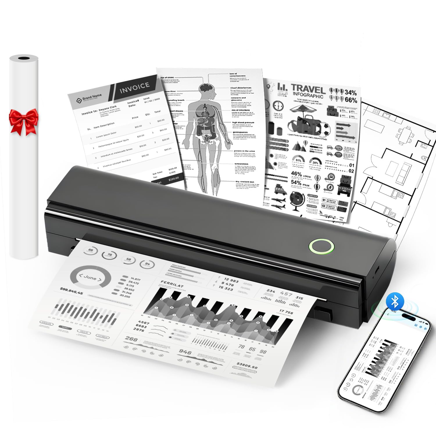 NDYIN Portable Printers Wireless for Travel, N80 Wireless Thermal Printer Bluetooth Inkless Printer Support 8.5 X 11 US Letter &