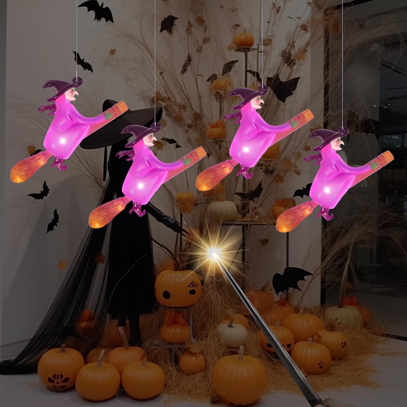 Halloween Decorations Flameless Candles With Witch Flying On Broomsticks, Hanging Led Light Flying Witch Remote By Magica Wand,