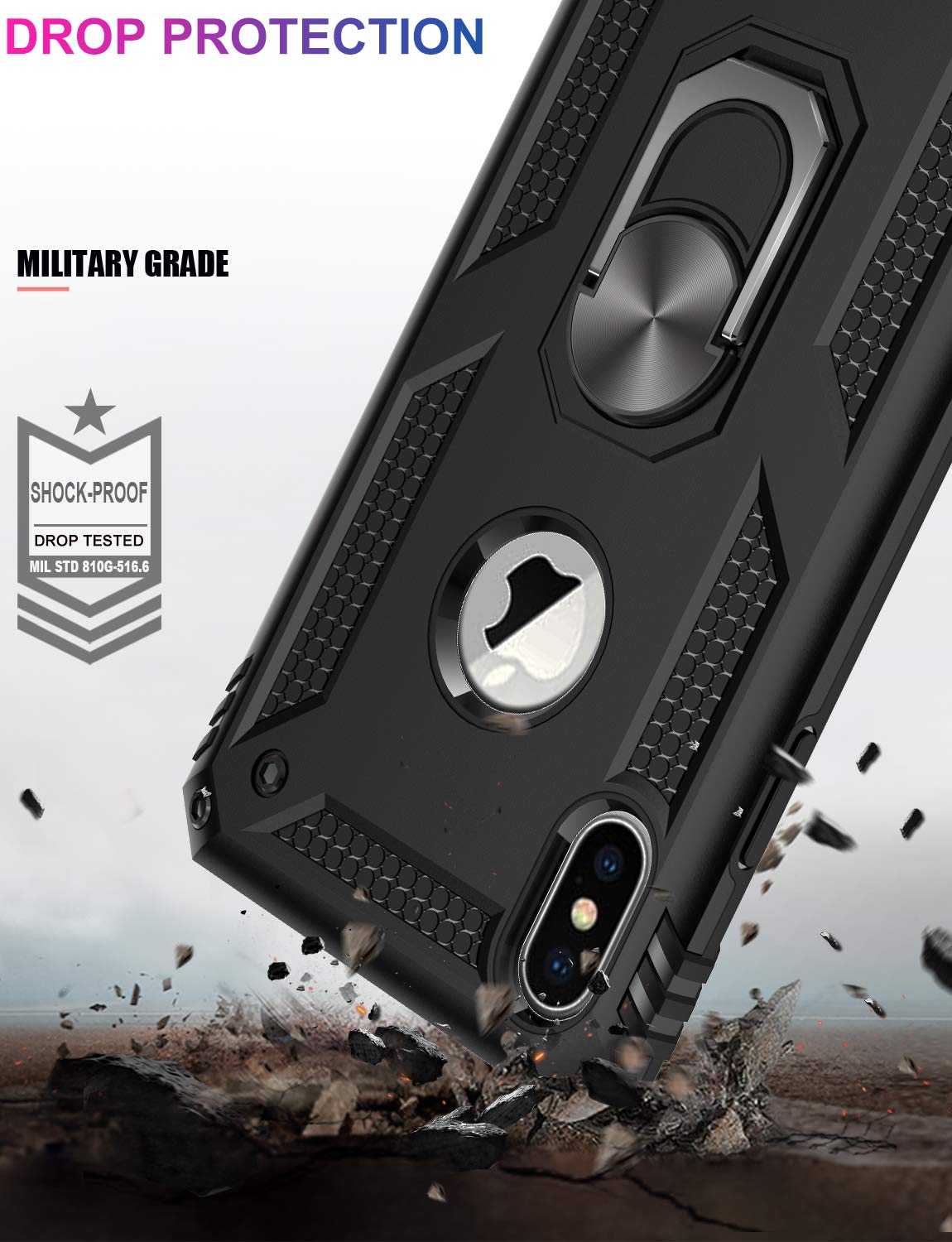 LUMARKE iPhone Xs Max Case Military Grade 16ft Drop Tested Magnetic Ring Kickstand Plastic Black