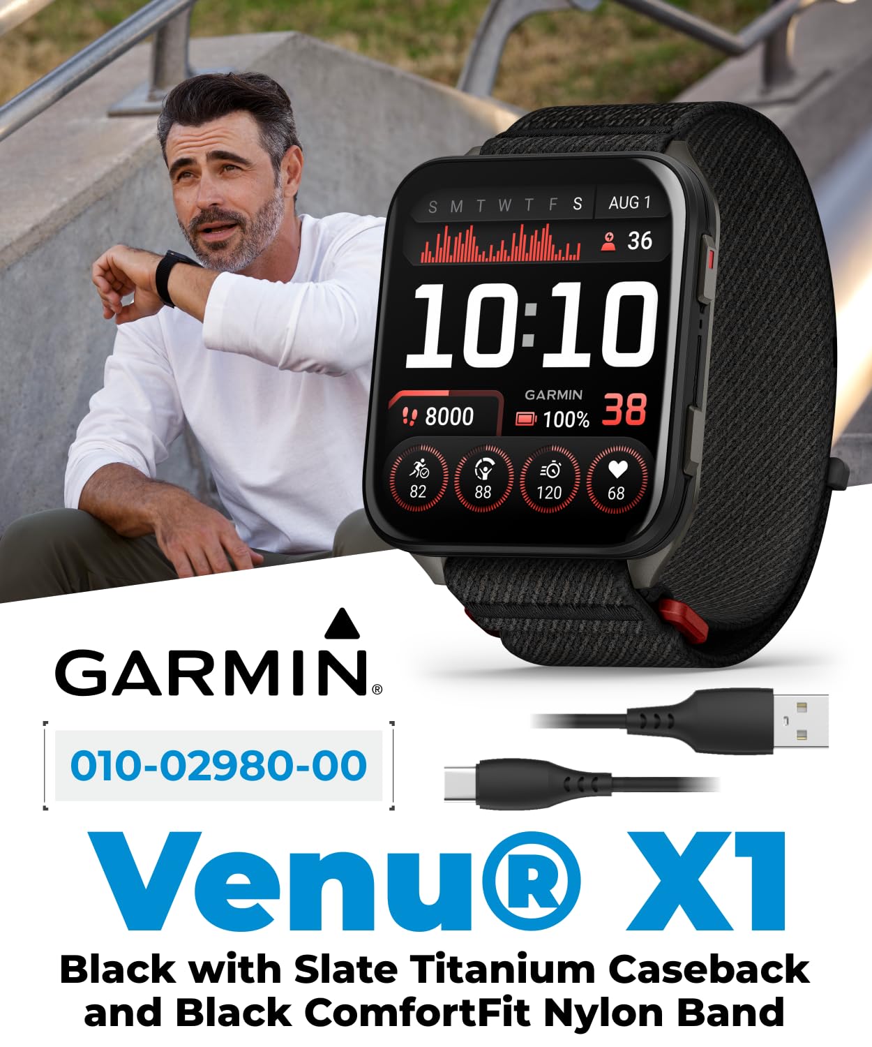 Wearable4U Garmin Venu X1 Thin And Lightweight Gps Smartwatch, Amoled Display, Black With Slate Titanium Comfort Fit Nylon Band