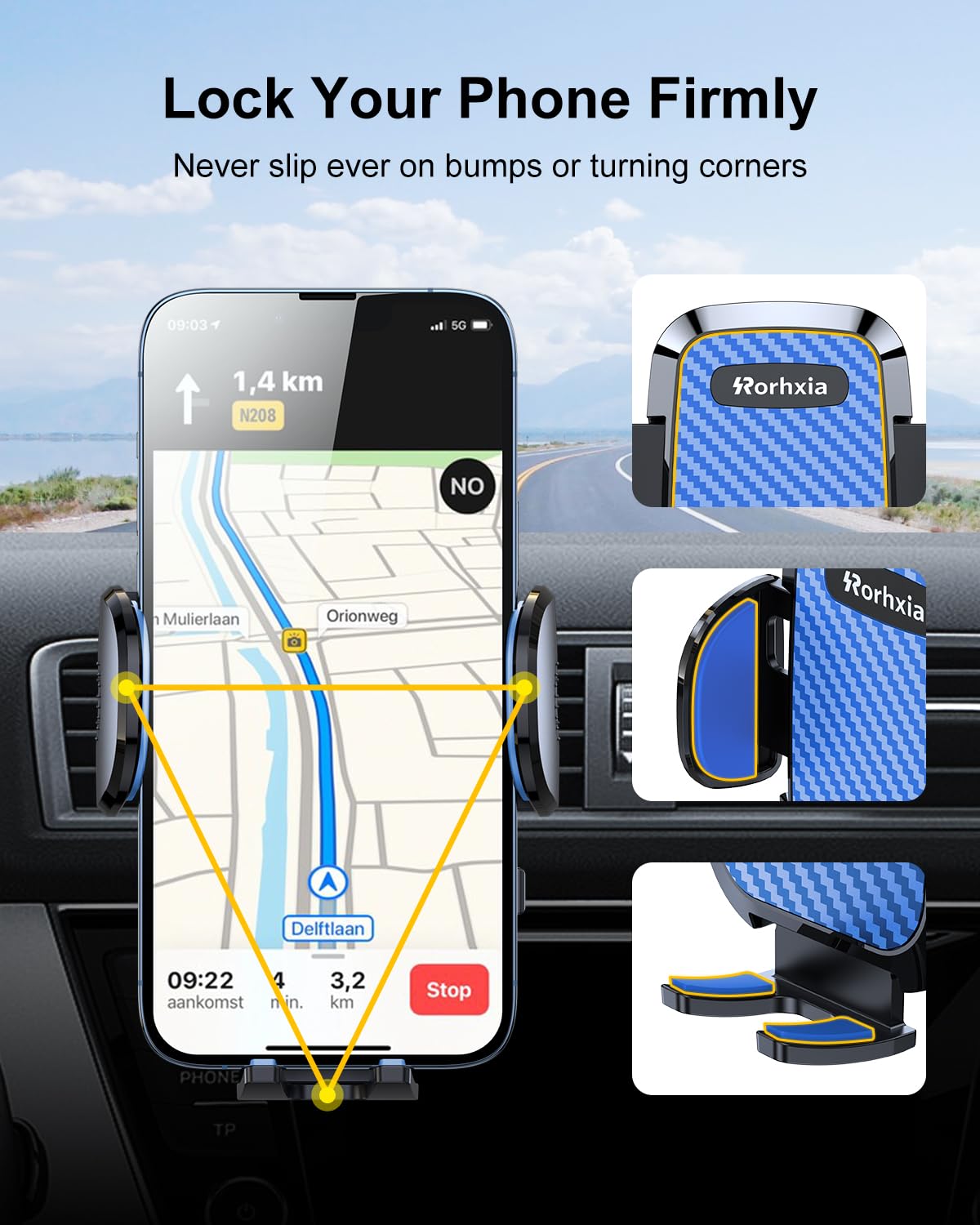 Rorhxia Blue Car Vent Phone Mount, [Never Blocking Vent, Enjoy The Comfort Of The A/C] Hands Free Universal Extension Clip Air P
