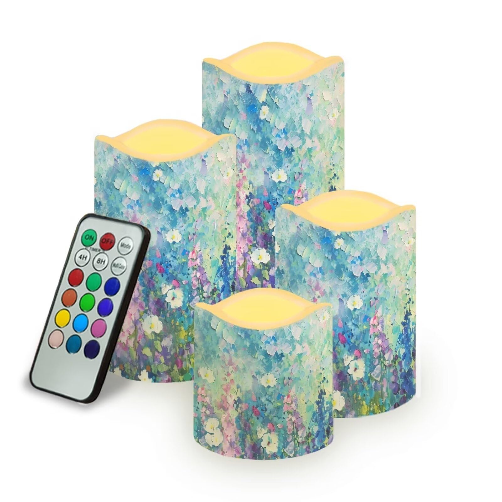 Uorisanigo Blue Floral Plastic Flameless Candles with Remote Control and Timer LED Flickering Battery Operated Color Changing El