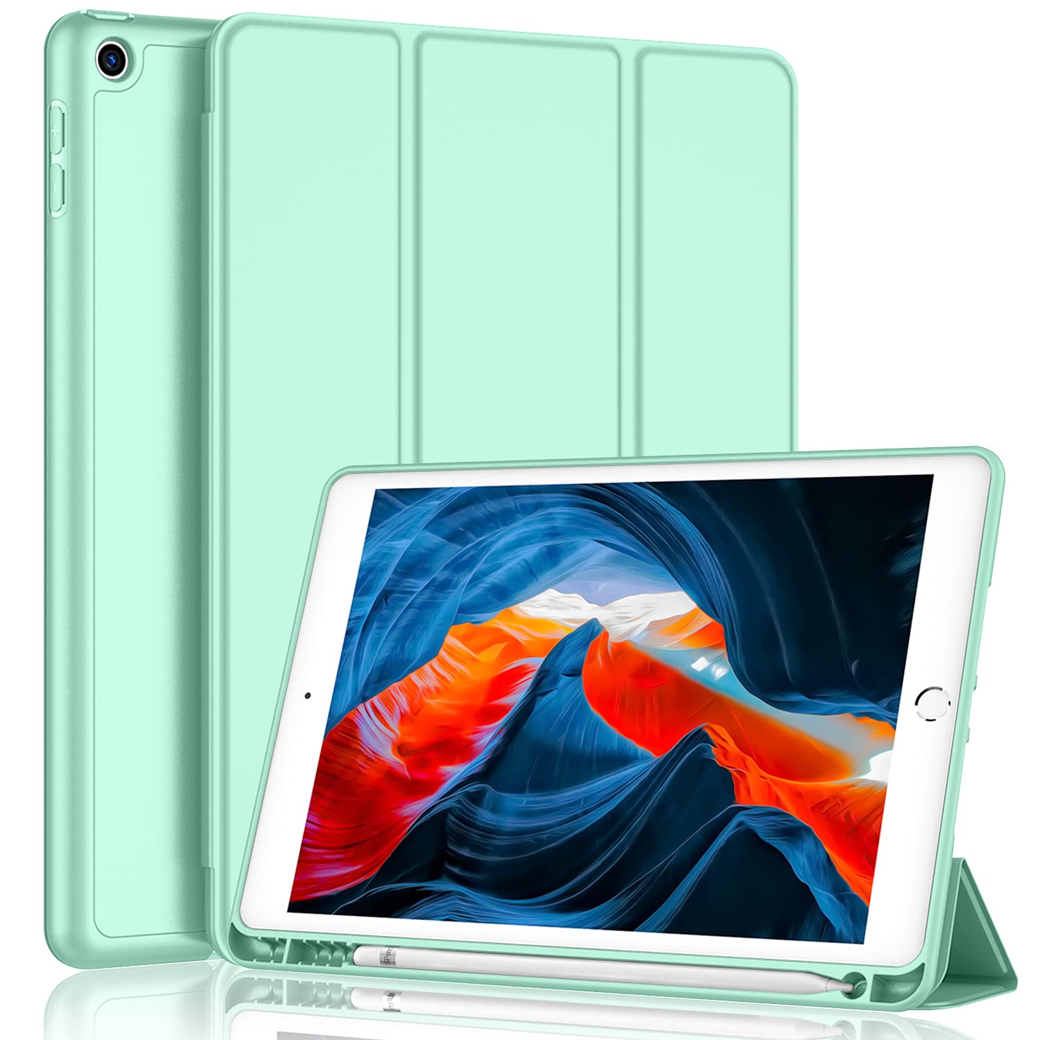 Imieet Ipad 9Th Generation Case 2021/Ipad 8Th Generation Case 2020 10.2 Inch With Pencil Holder, Ipad 7Th Gen 2019 Case With Soft Baby Skin Silicone Back, Auto Wake/Sleep Cover(Light Green)