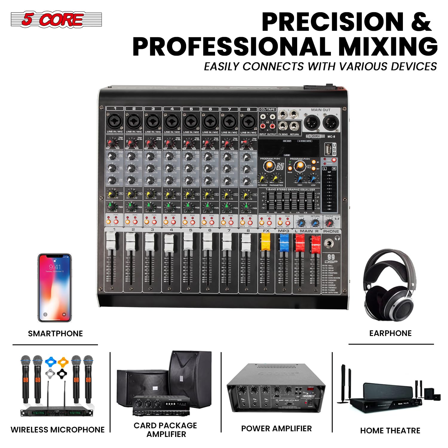 5 Core Audio Mixer 8 Channel Dj Mixing Board Professional Bluetooth Usb Analog Mezclador De Audio Phantom Power Rackmount Consol