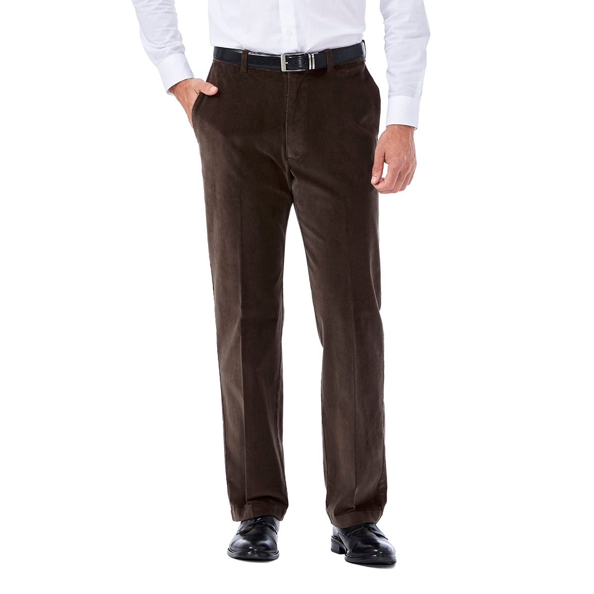 Haggar Mens Stretch Corduroy Expandable Waist Classic Fit Flat Front Casual Pants, Brown, 40W X 29L Us