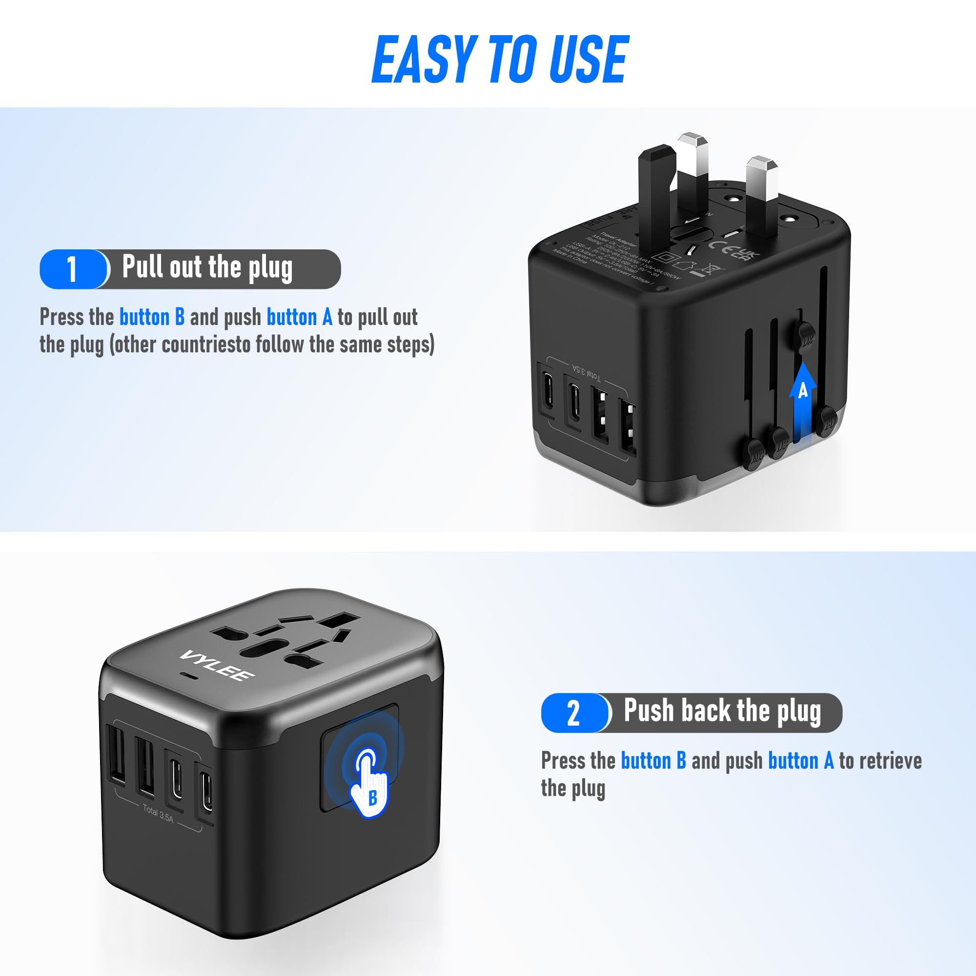 Vylee Universal International Power Travel Plug Adapter, 5 In 1 European Travel Plug Adapter W/ 3.5A 2Xusb A And 2Xusb C Wall Ch