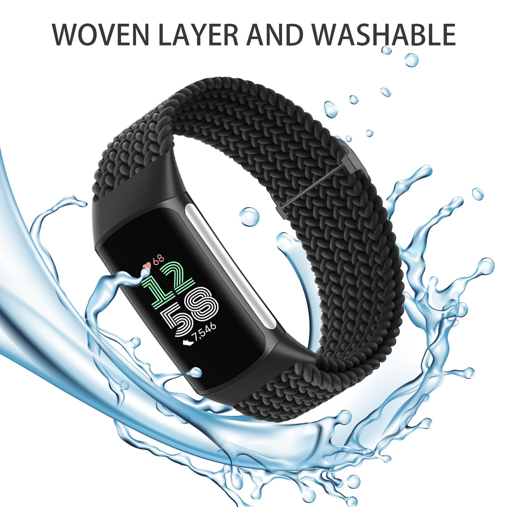 Braided Solo Loop Bands Compatible With Fitbit Charge 6/Charge 5, 3 Pack Adjustable Stretchy Wristbands Soft Woven Nylon Replace