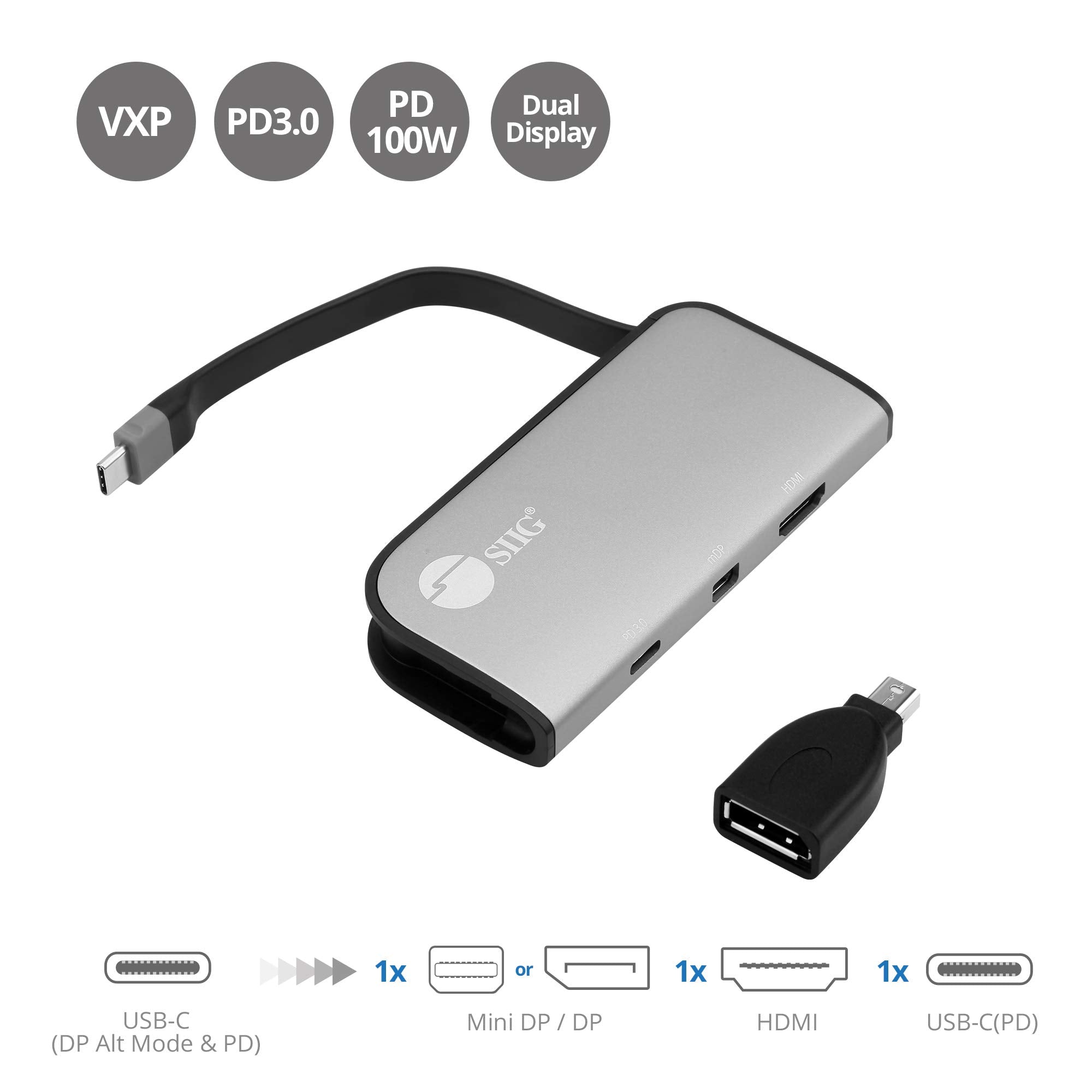 Siig Usb-C To Mini Displayport & Hdmi Vxp Adapter With Pd 3.0, 100W Pd, Combine Two Monitor To One 3840X1080 Video Wall, Compati