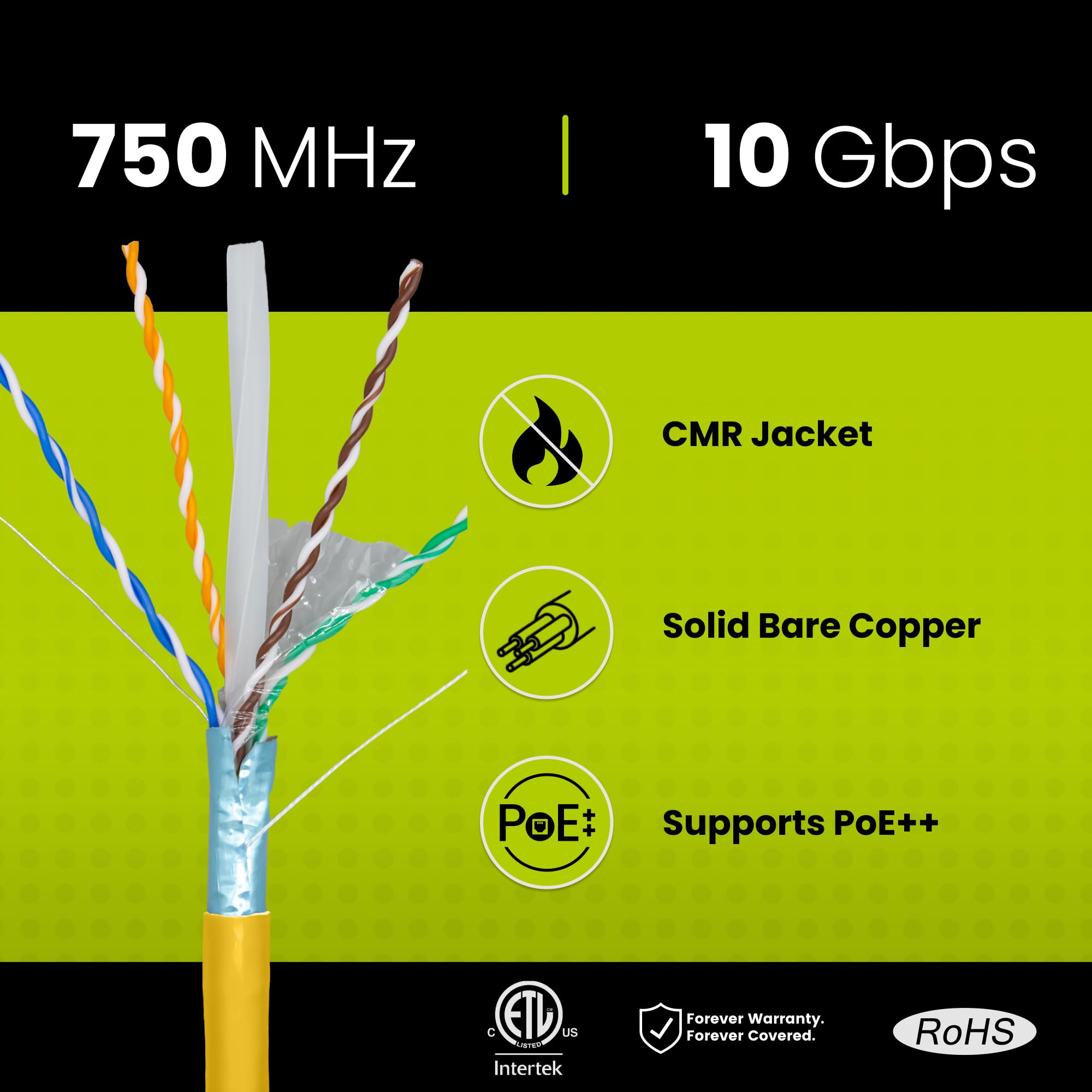 Truecable Cat6A Shielded Riser (Cmr), 1000Ft, Yellow, 23Awg Solid Bare Copper, 750Mhz, Poe++ (4Ppoe), Etl Listed, Overall Aluminum Foil Shield (F/Utp), Bulk Ethernet Cable