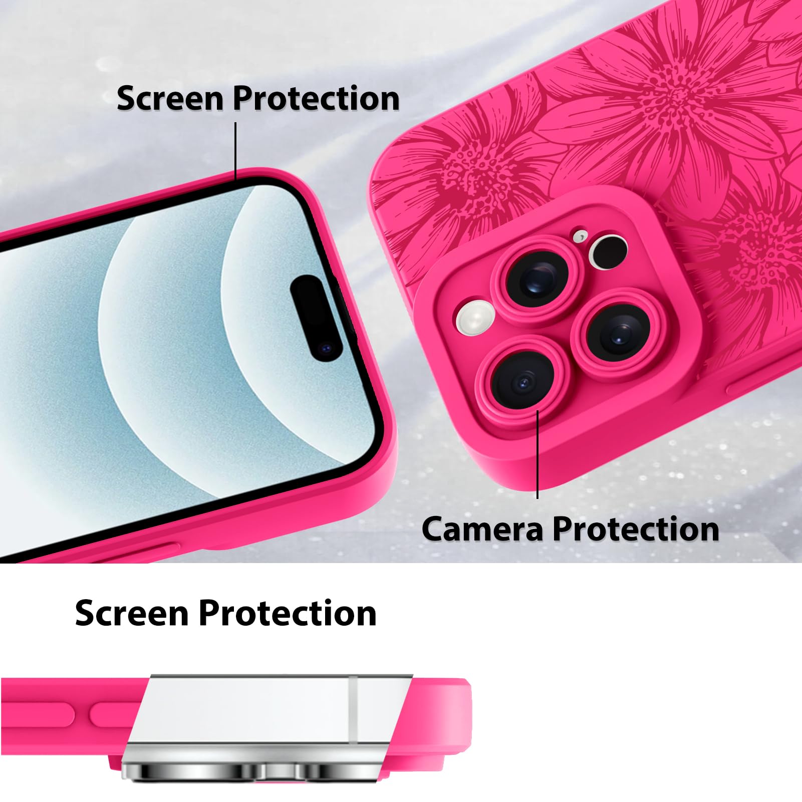 Mzelq For Iphone 16 Pro Case Case, Silicone Floral Flowers Sunflowers Cute Pattern, Camera Protection Soft Slim Phone Case For G