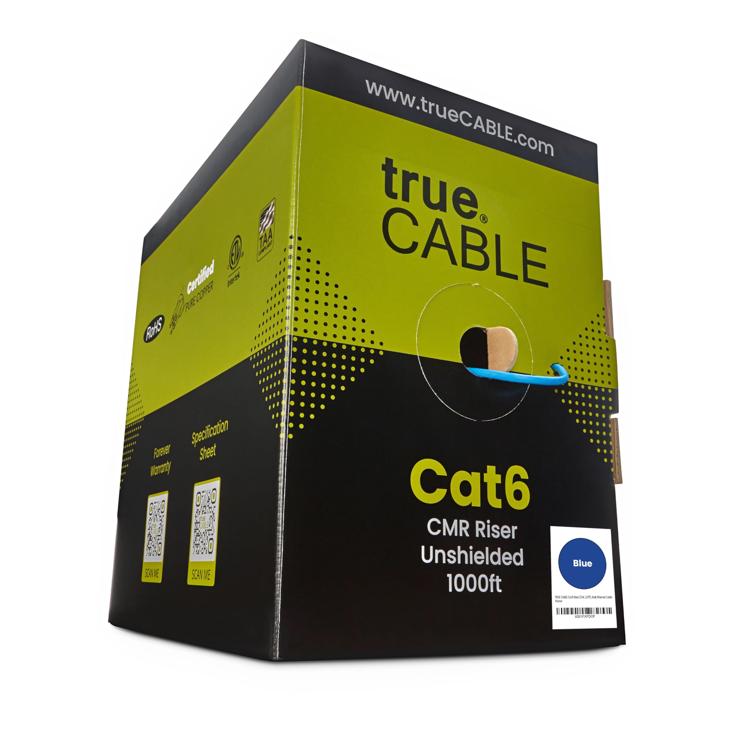 True Cable Cat6 Riser (Cmr), 1000Ft, Blue, 23Awg 4 Pair Solid Bare Copper, 550Mhz, Etl Listed, Unshielded Twisted Pair (Utp), Bulk Ethernet Cable