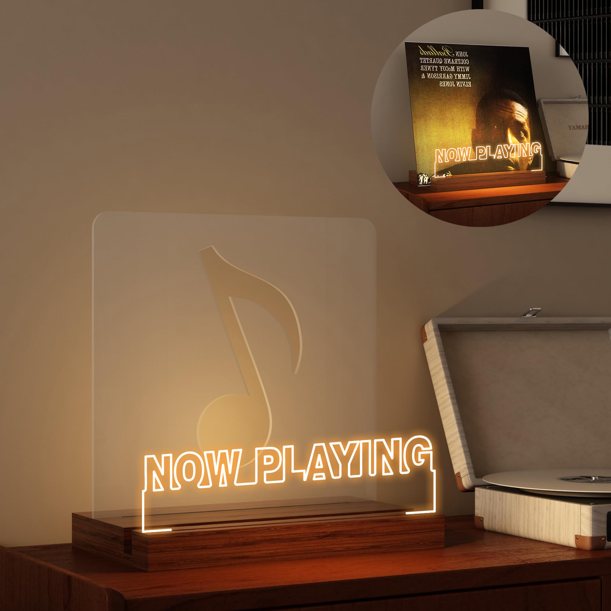 Yuandian Now Playing Vinyl Stand, Light Up Now Spinning Record Stand, Wooden Acrylic Holder For Vinyl Album Display Storage, Vin