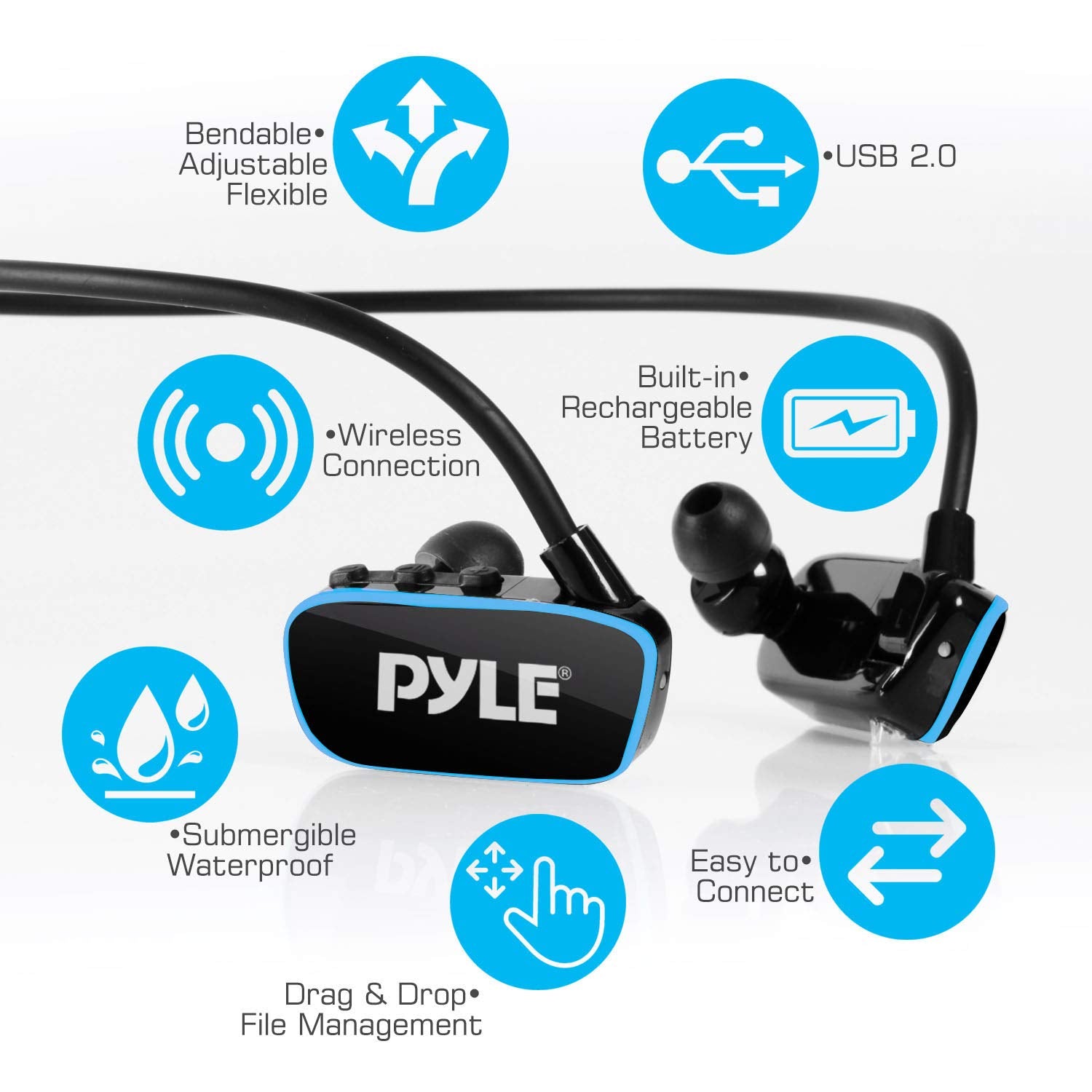 Pyle Flextreme Waterproof Sports Wearable Mp3 Headset Music Player 8Gb Underwater Swimming Jogging Walking Gym Earphones Earbuds