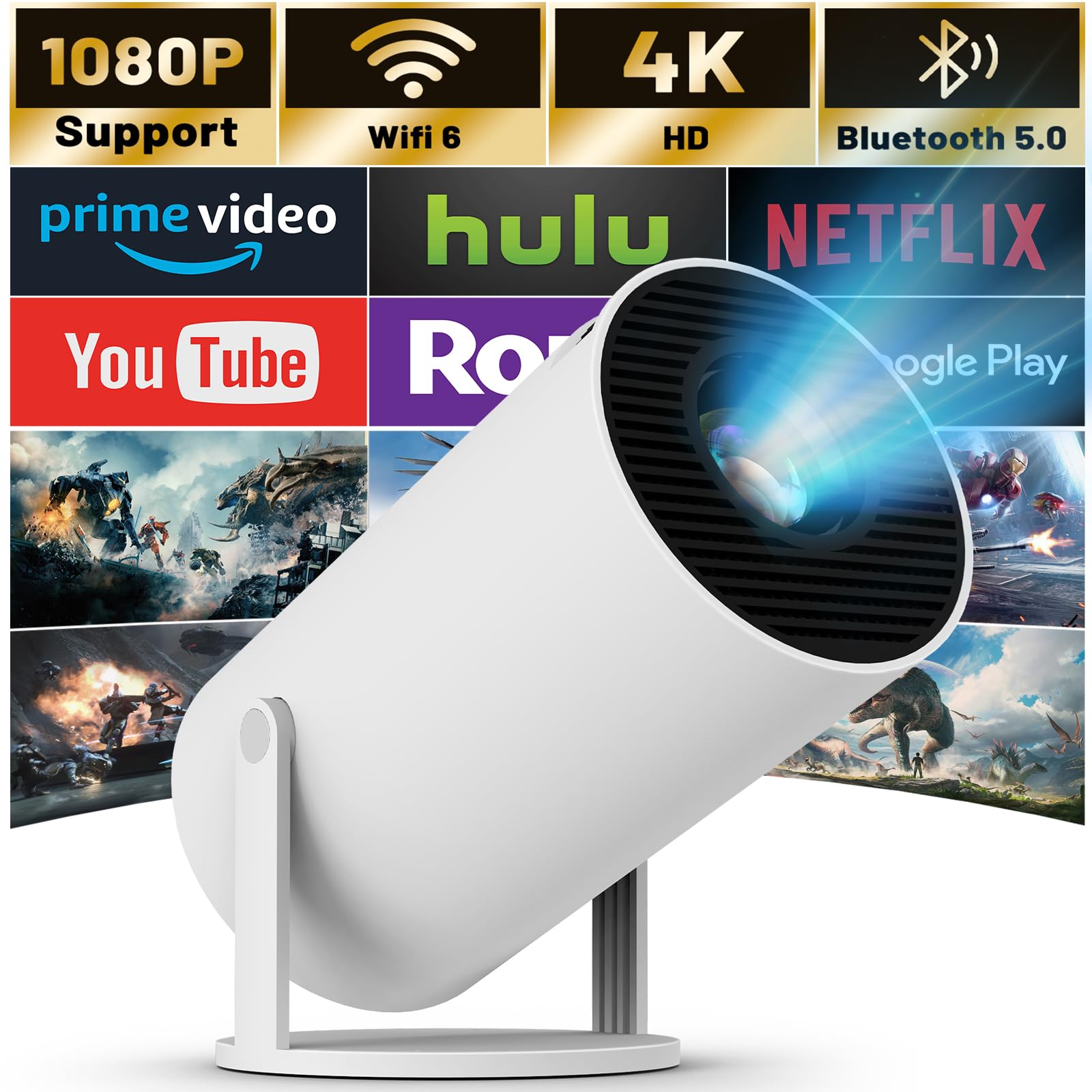 Mini Projector with WIFI 6 and Bluetooth, 4K 1080P Support Portable Projector 180 Rotatable 130 Screen Movie Projector Auto Ke