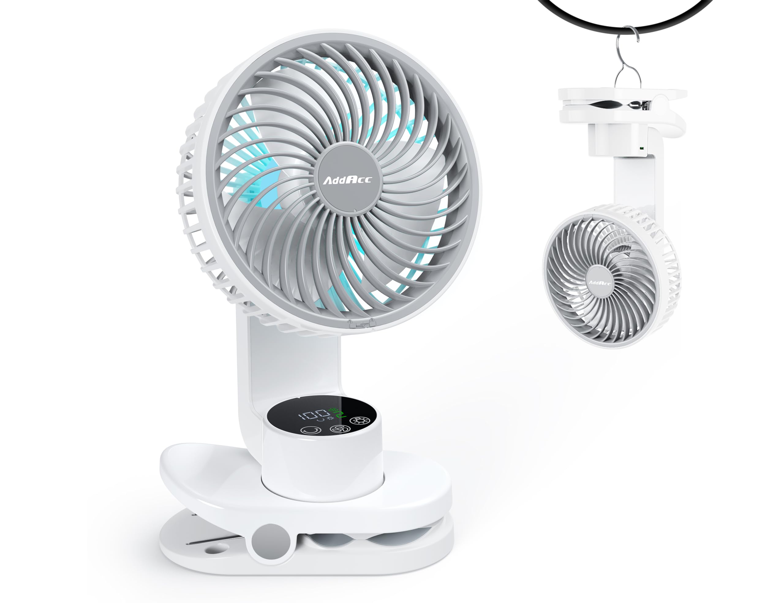 Addacc Rechargeable Clip On Fan, Portable Small Fan With Led Light & Hook, 30H Run & Quiet, 9 Speeds Strong Airflow Desk Fan, 36