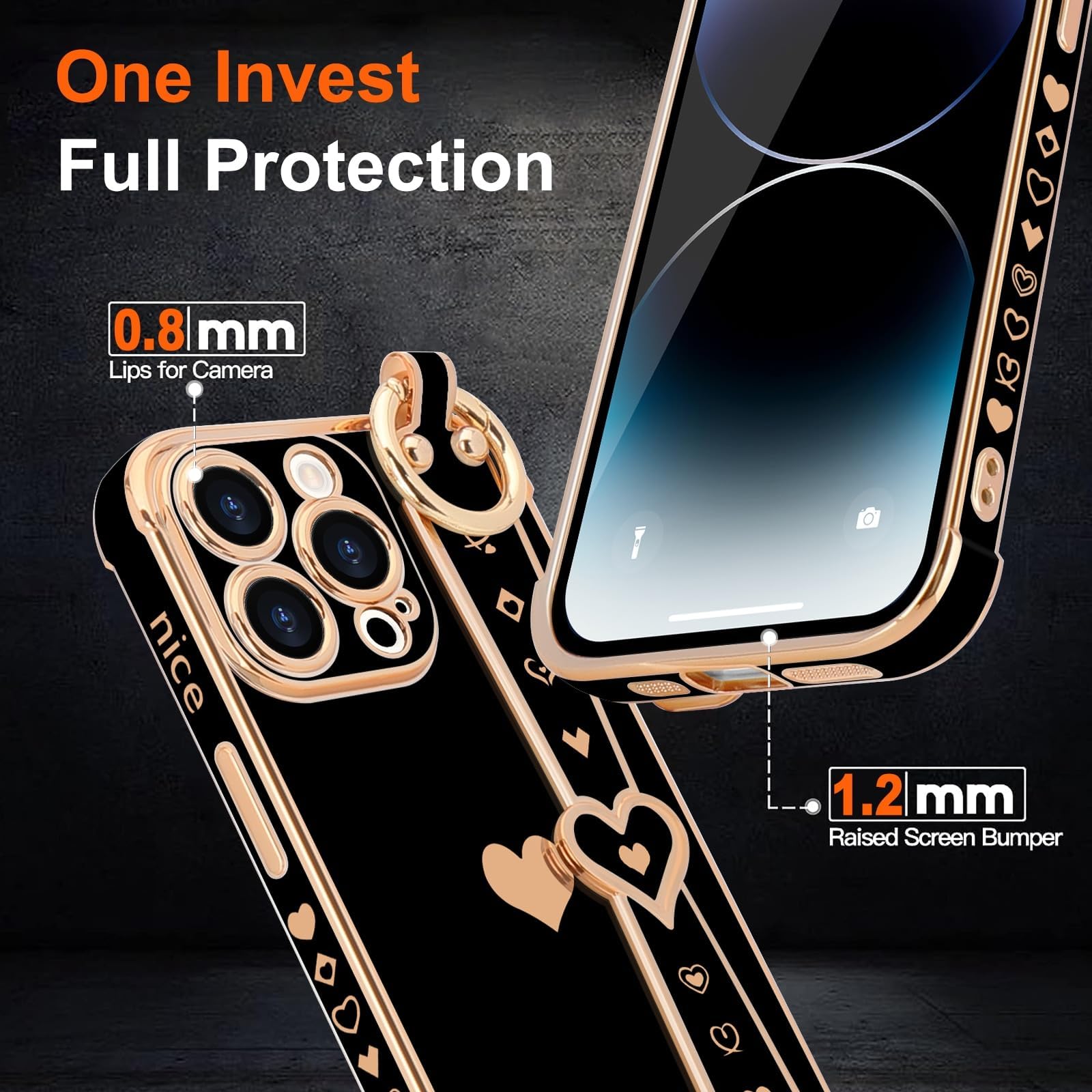 Llz.Coque For Iphone 14 Pro Case Cute Love Heart Plating Strap Phone Cover For Women Girls Bling Soft Silicone Camera Lens Prote