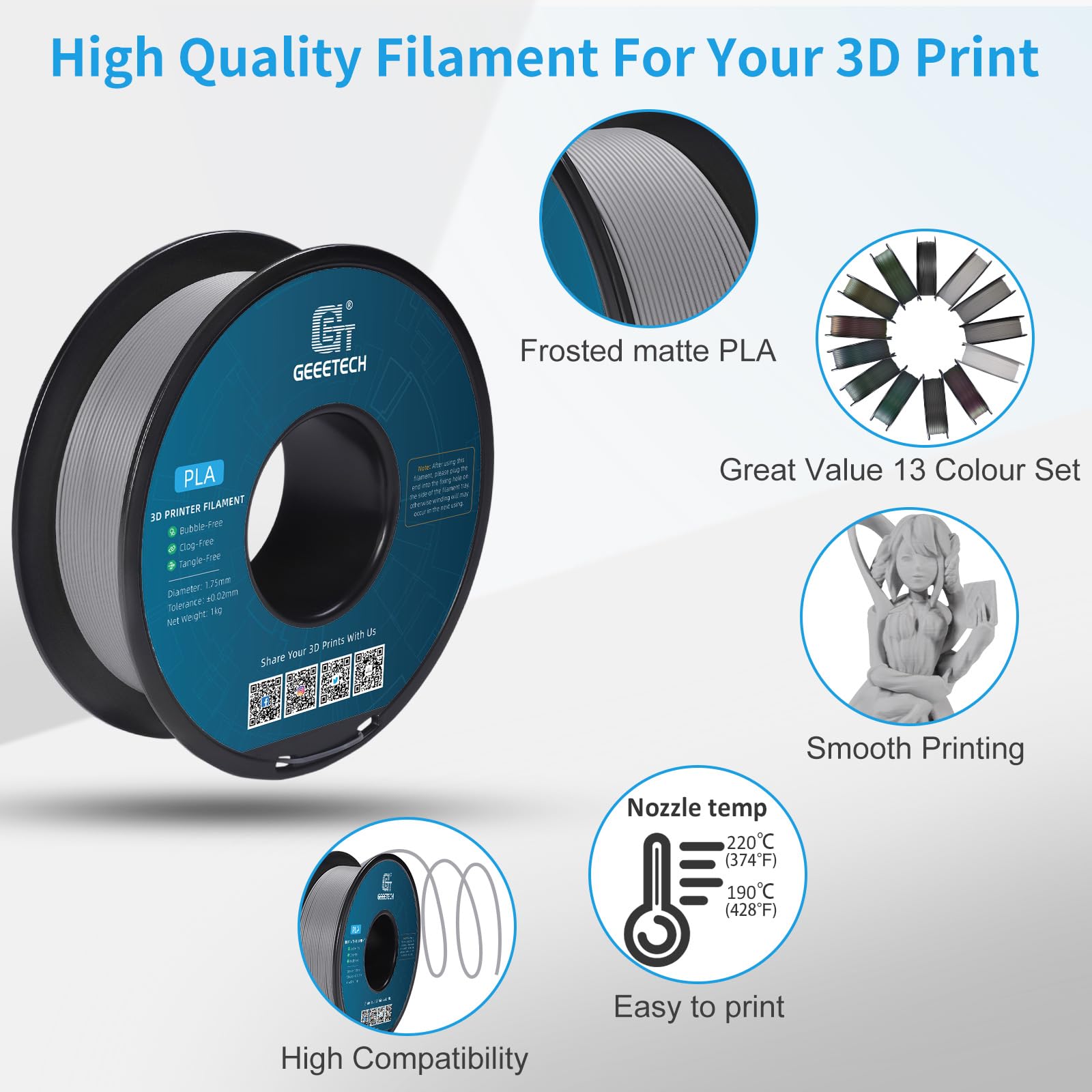 Geeetech Matte Pla Filament 1.75Mm, Grey 3D Printer Filament 1Kg Spool (2.2Lbs), +/- 0.02Mm Accuracy