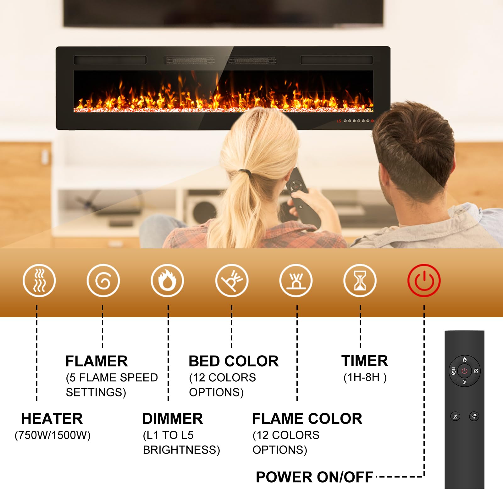 72 Inch Ultra Thin Electric Fireplace Inserts And Wall Mounted With Remote Control & Touch Screen 1500W Fireplace Heater With Ti