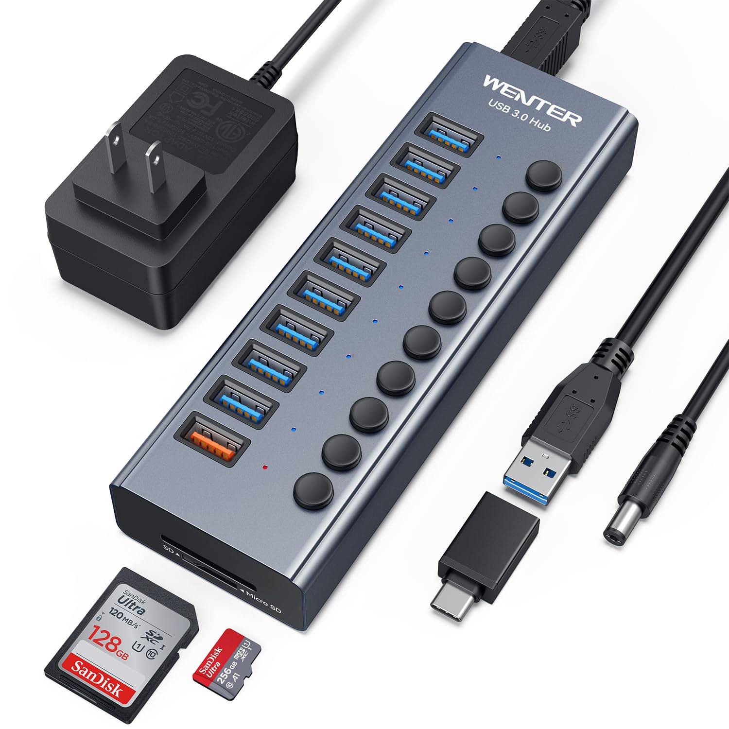 Wenter Powered Usb Hub 3.0 With Sd/Tf Card Reader, Aluminum 10 Port Powered Usb Hub (9 Usb 3.0 Data Transfer Port & 1 Usb Fast Charging Port Hub) Usb 3.0 Hub For Pc, Laptop