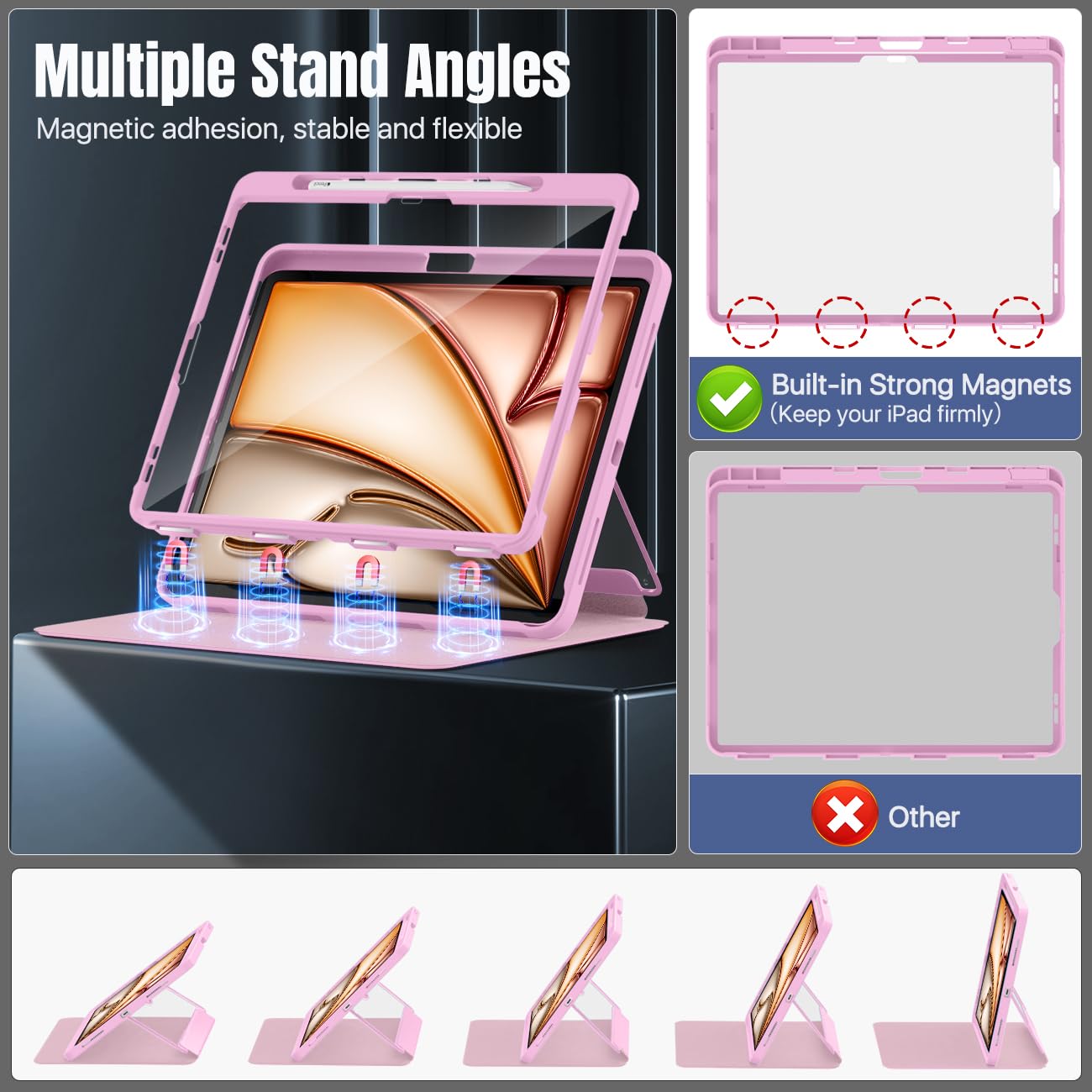 MoKo for iPad Air 13 Inch Case M2 2024 with Pencil Holder, iPad Air 13 Case, [Built in Screen Protector], iPad Air 13' Case with Clear Back & Magnetic Multi Angle Stand Cover, Nosegay Pink