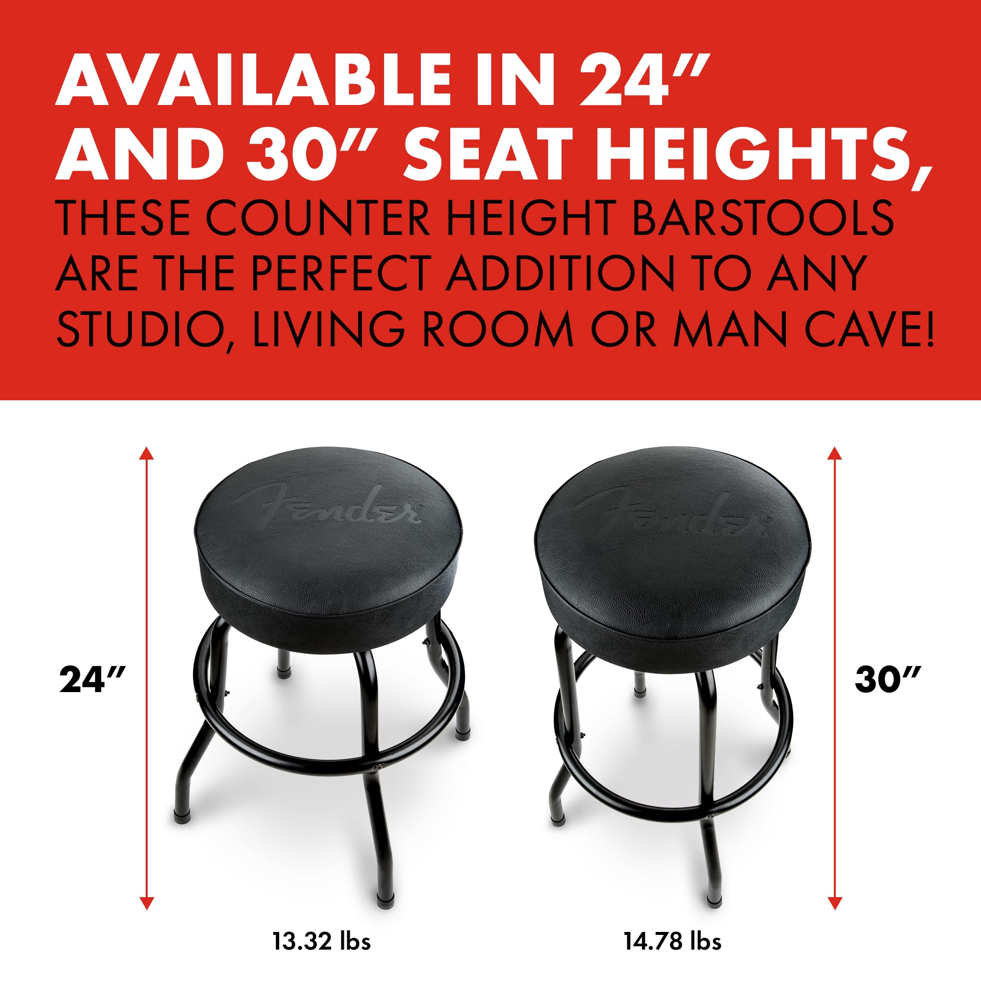 Fender Embossed Black Logo Swivel Barstool, Great Gifts For Dad, With 1 Year Limited Warranty, Simple Assembly, Black/Black, 24