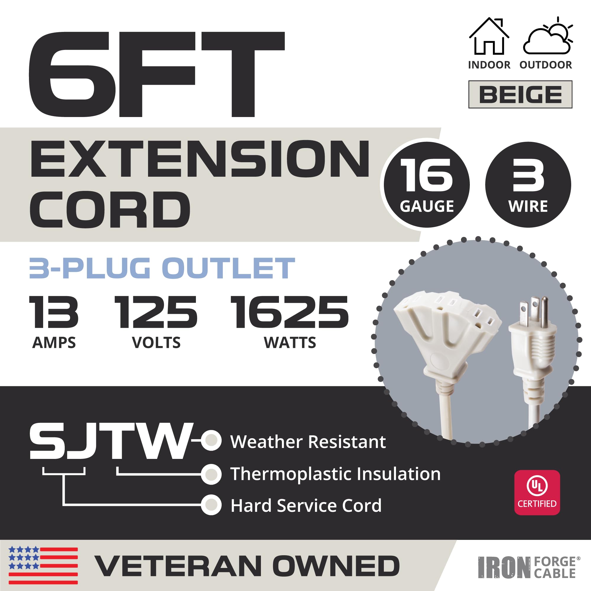 Iron Forge Cable 6 Ft Beige Outdoor Extension Cord With 3 Outlets   16/3 Sjtw 6Ft Extension Cord 3 Prong, 13 Amp All Weather Hea