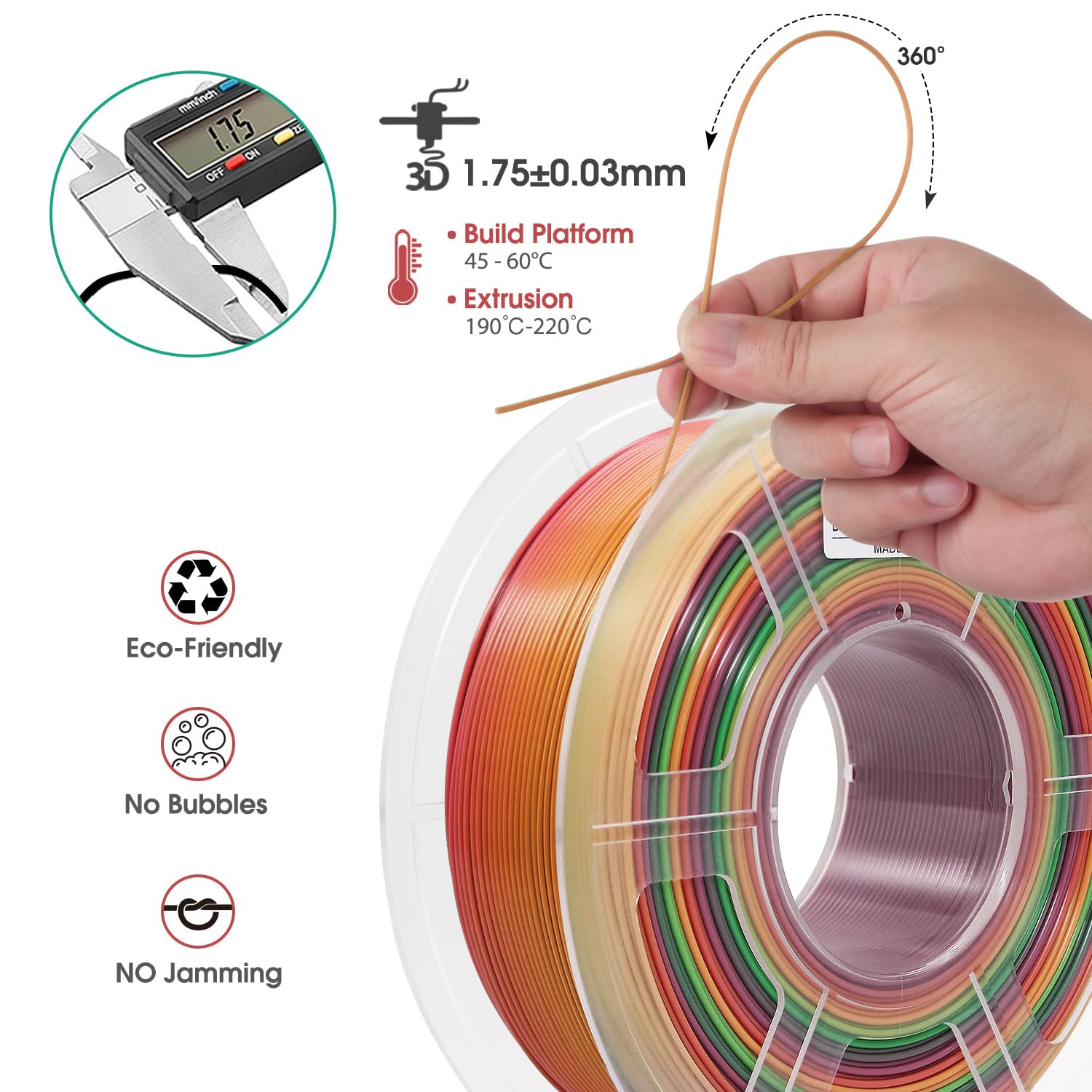 3D Printer Filament, Color Change Rainbow Pla Filament 1.75 Mm Dimensional Accuracy +/  0.03 Mm, 1 Kg Spool, Pla Rainbow Multico