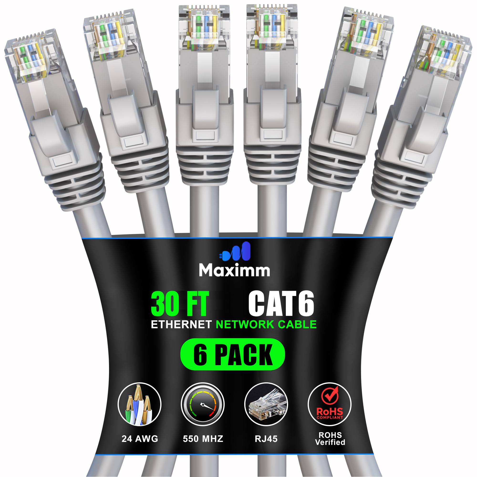 Maximm Cat 6 Ethernet Cable 30 Ft (6 Pack)   High Speed Lan Cable, Internet Cable, Patch Cable, And Network Cable   Utp, 10Gbps, 550Mhz Ethernet Cord   Gray