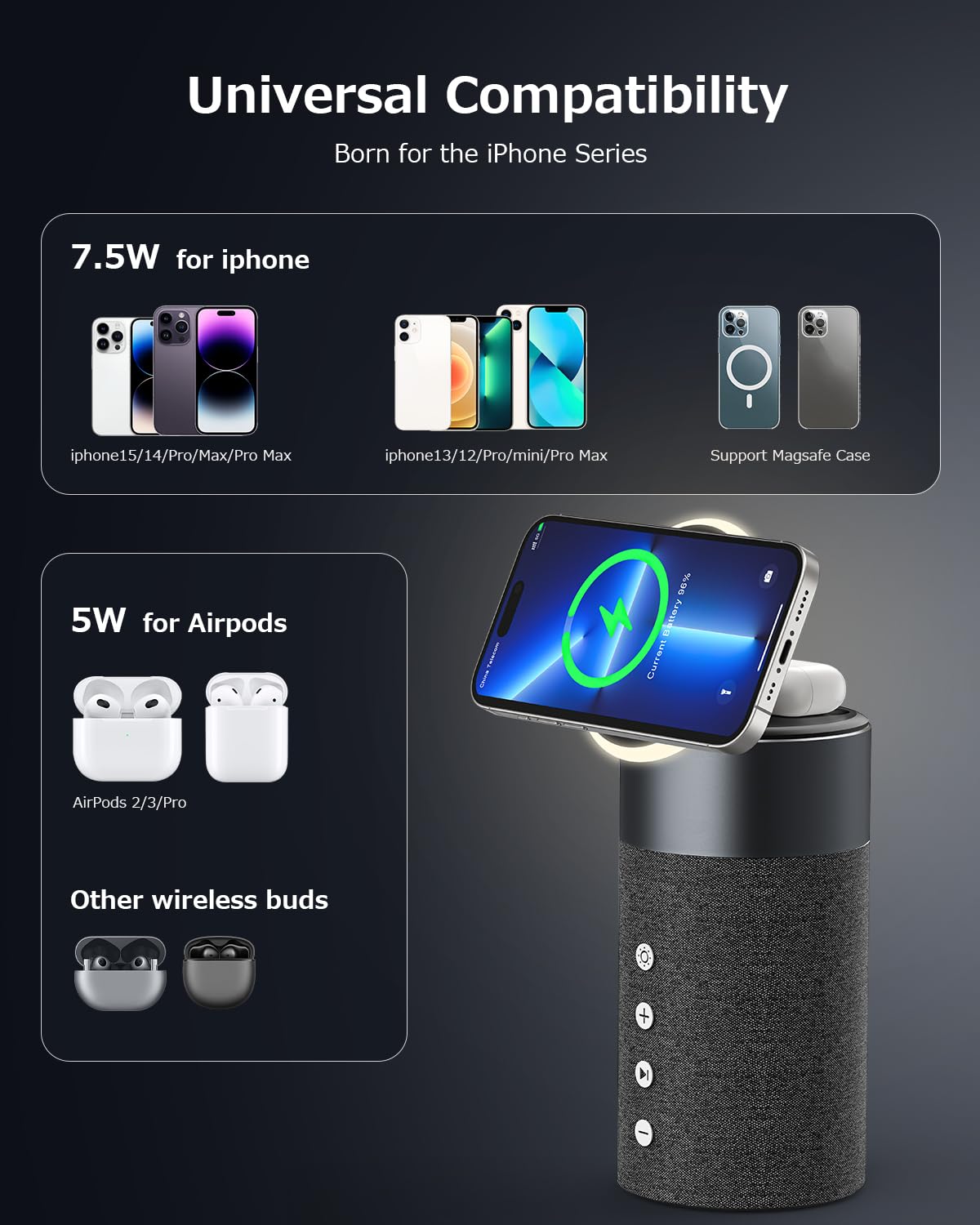 Colsur Bluetooth Speaker, Magnetic Wireless Charger, Bluetooth Speakers With Night Light, 2 In 1 Wireless Charging Station For Iphone 16/15/14/13/12 Series, Airpods Pro 4/3(Gift Ideal)