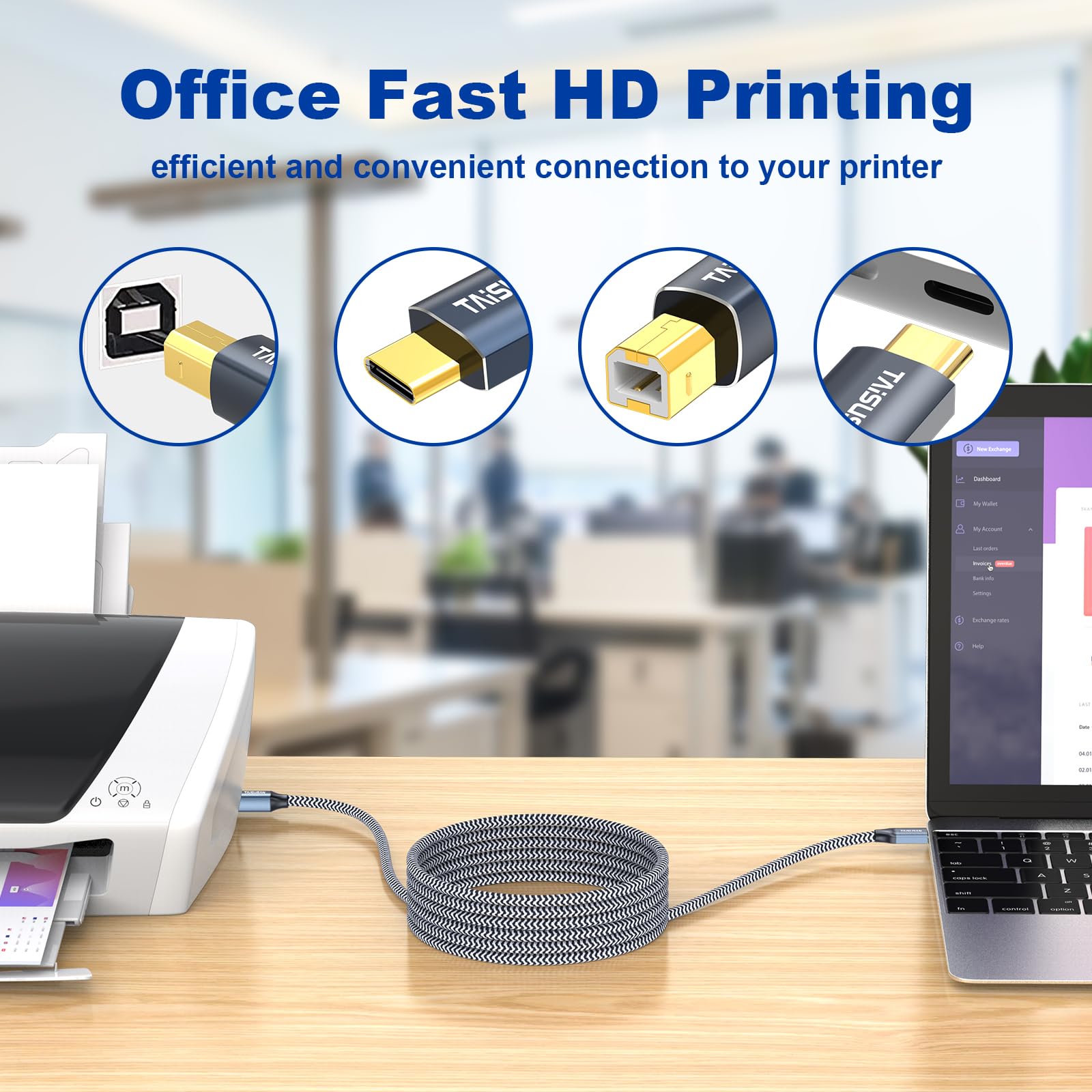 Taisusan Usb C Printer Cable 30Ft, Usb B To Usb C Printer Cable,High Speed Usb C Midi Cable Compatible For Keyboard,Macbook Pro/