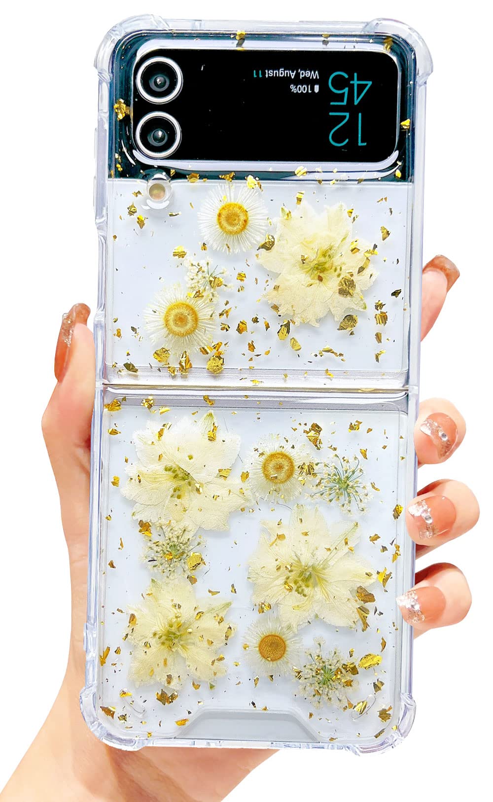Abbery for Samsung Galaxy Z Flip 4 5G Case Clear with Design Glitter Cute Glitter Pressed Flower Floral Sparkle TPU&PC Transpare