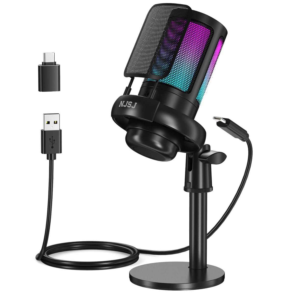 Njsj Usb Microphone For Pc, Gaming Mic For Ps4 Ps5 Macphone,Condenser Microphone With Touch Mute,Brilliant Rgb Lighting,Gain Kno