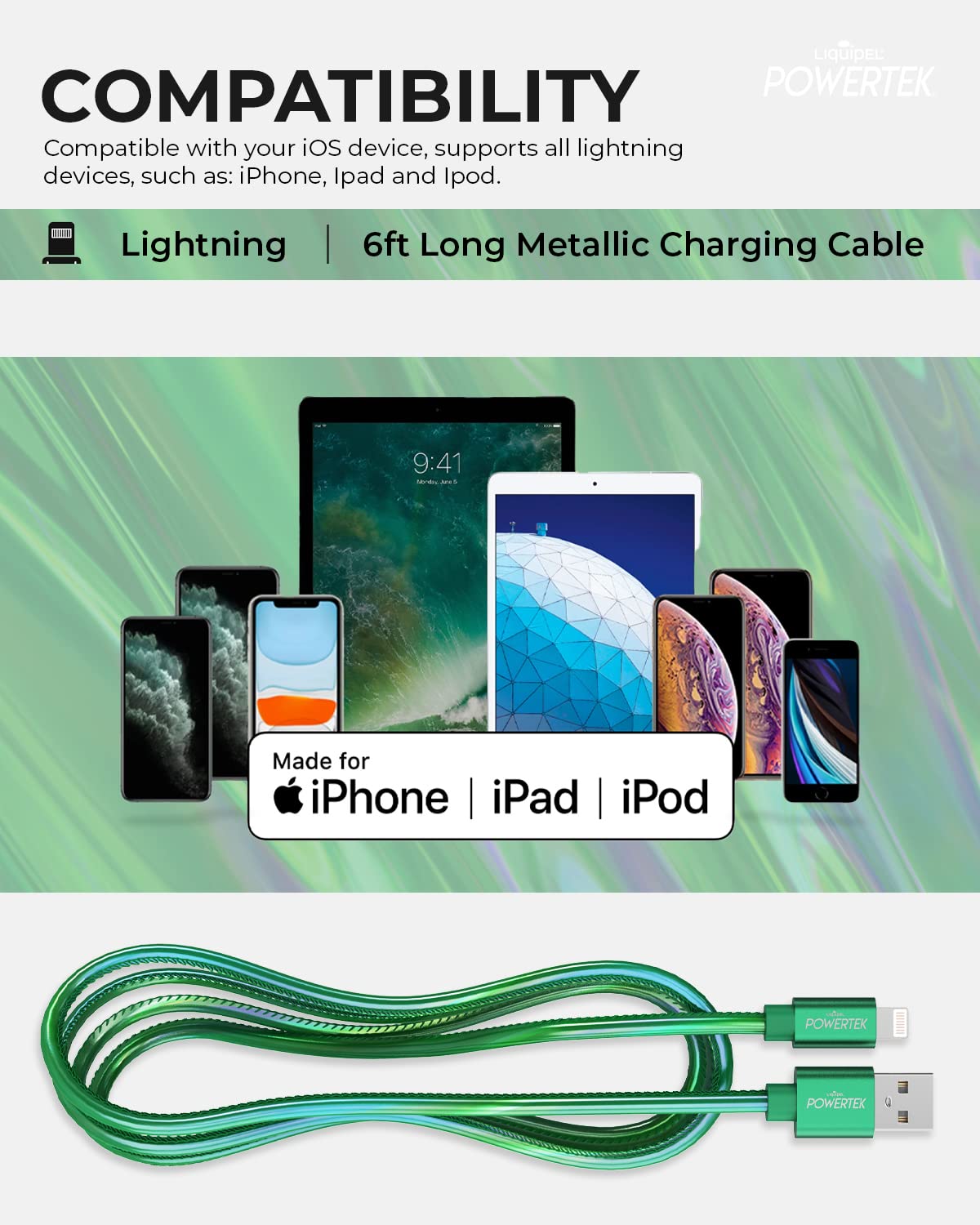 Liquipel Powertek Iphone Charger Cable, 6 Ft Fast Charging Lightning To Usb Cord Adapter, Compatible For Ipad, Mfi Certified, Metallic Shine (Green)