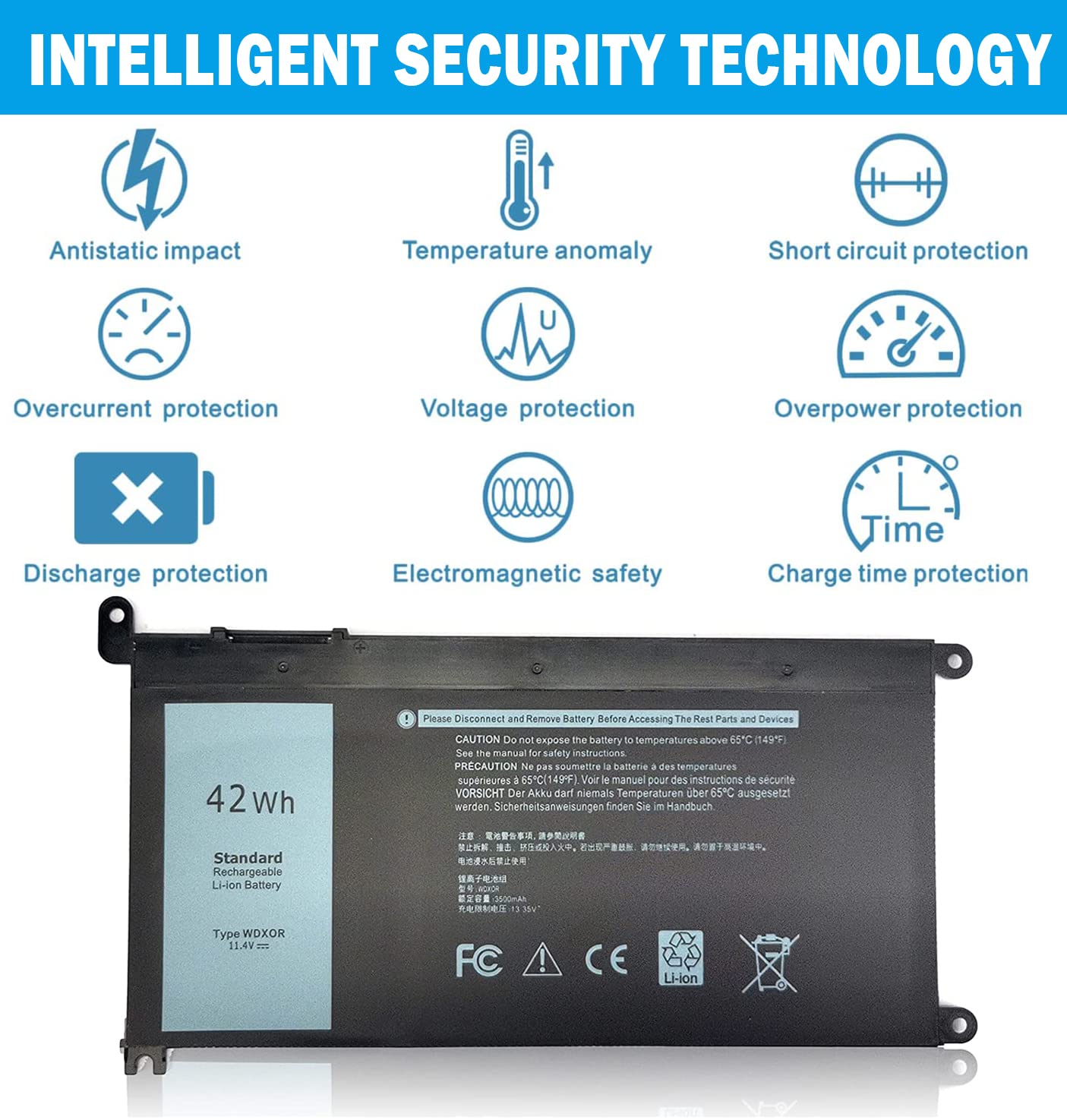 42Wh Wdx0R Battery For Dell Inspiron 15 5000 7000 Laptop 5567 5579 7375 5378 5565 5570 7378 7579 5368 5379 5578 5765 7368 7560 7570 7573 5770 P69G001 P58F P66F001 Latitude 3390 3580 Vostro 5568