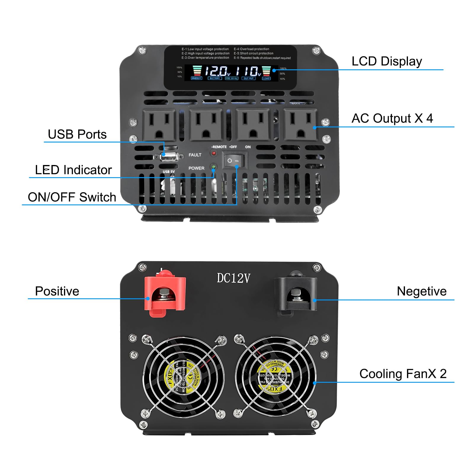 Lvyuan 4000 Watt Power Inverter 12V To 110V 120V For Vehicle, Solar Inverter System, Heavy Duty, Rv, Truck, Off Grid,Camping Wit