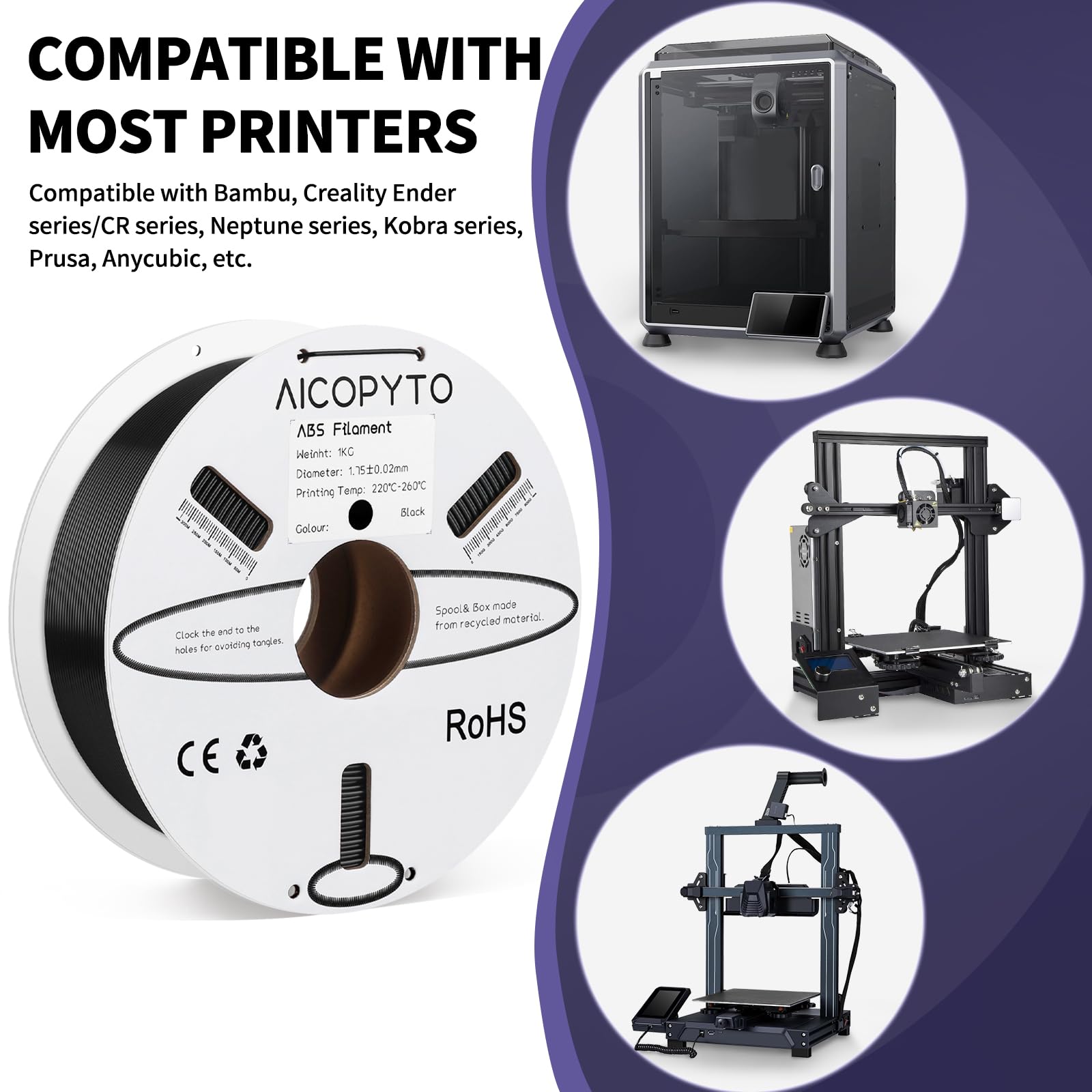 Aicopyto Abs Filament 1.75Mm, 3D Printer Filament Dimensional Accuracy +/- 0.02Mm, 1Kg Cardboard Spool (2.2 Lbs) 3D Printing Fil