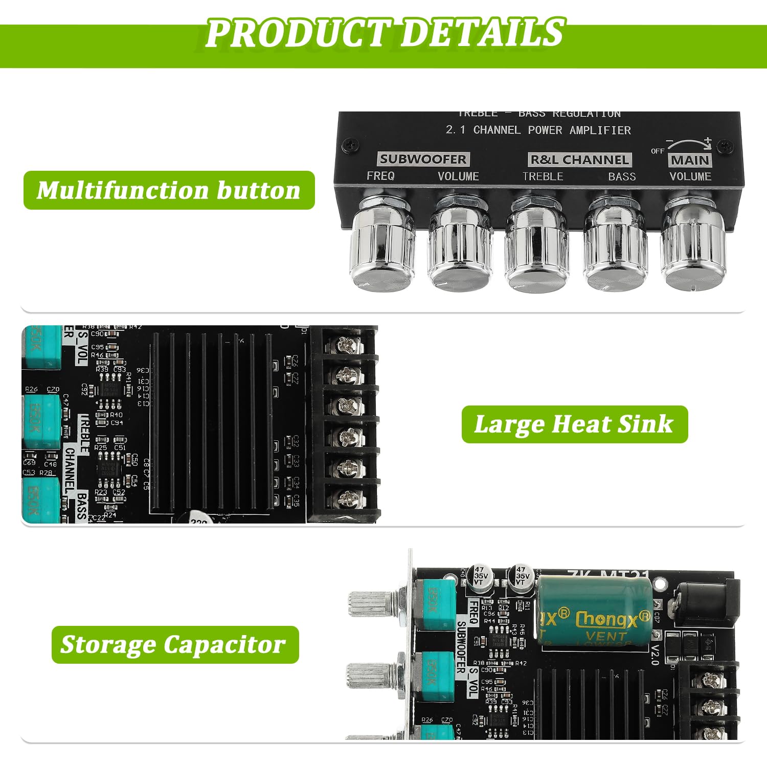 Eplzon Zk-Mt21 Bluetooth Amplifier Board 50W*2+100W With Treble And Bass Control 2.1 Channel Stereo Amp Board Bluetooth And Aux