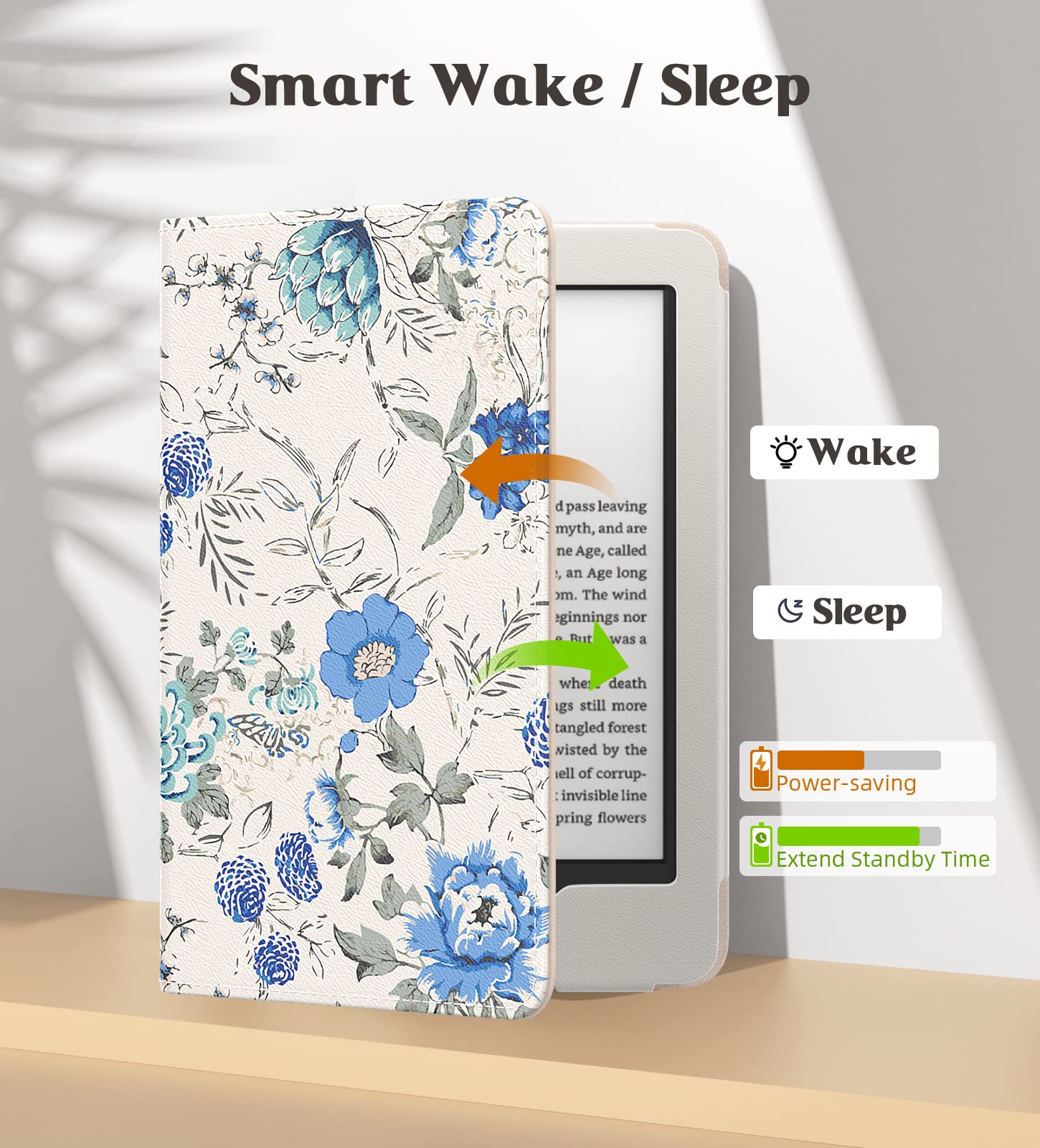 Moko Case For Kindle Paperwhite 11Th Generation 2021 Release, Slim Pu Shell Cover With Auto Wake/Sleep, Blue Flowers On White