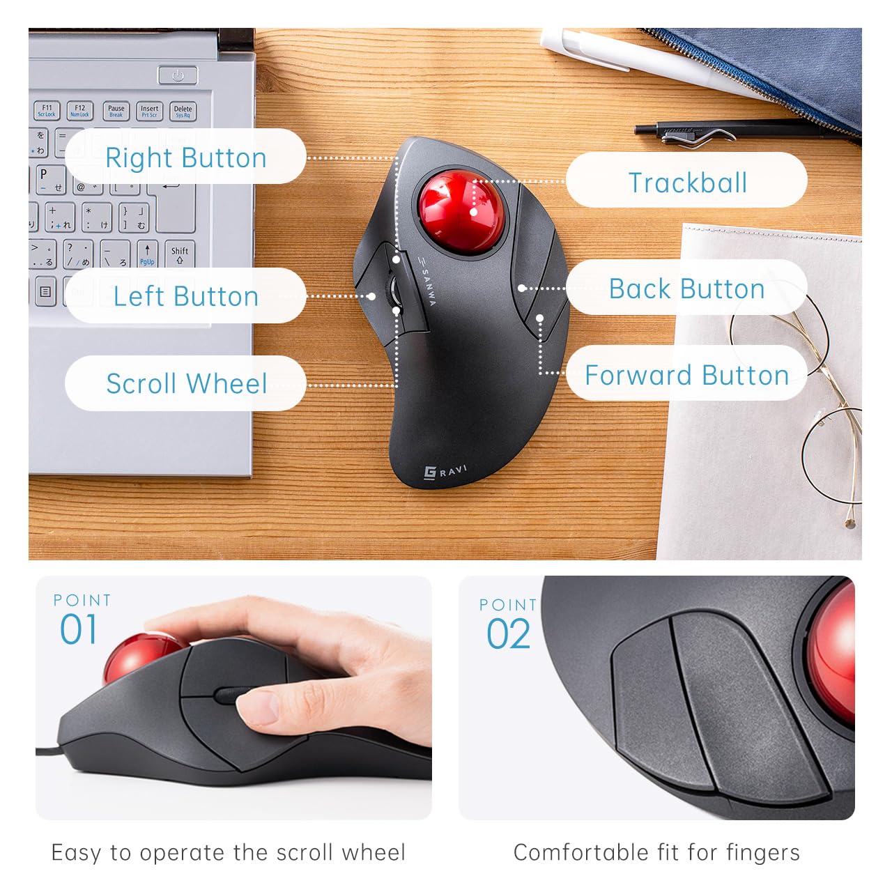 Sanwa Wired Ergonomic Trackball Mouse, Optical Rollerball Mice, Programmable Silent Buttons, 44Mm Trackball, 600/800/1200/1600 Adjustable Dpi, Compatible With Macbook, Laptop, Windows, Macos