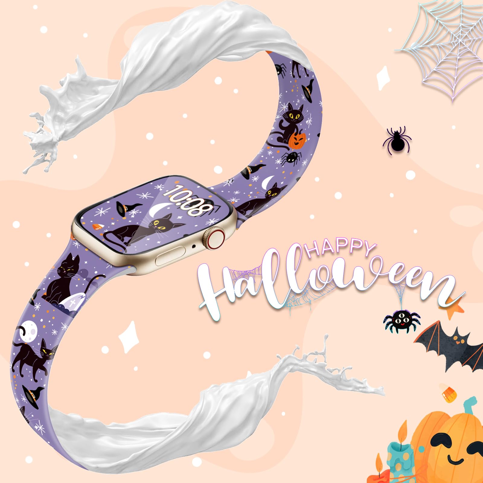 Halloween Watch Band For Apple Watch, Silicone Holiday Cat Pumpkin Printed Strap Replacement For Iwatch 1 2 3 4 5 6 7 8 9 Ultra