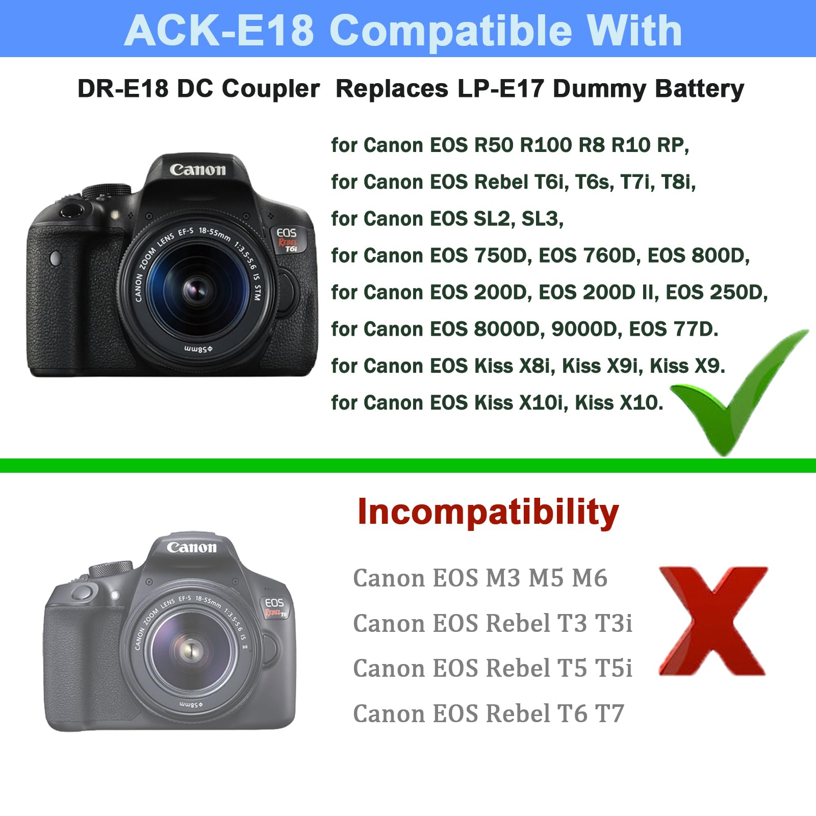 Tkdy For Canon R50 Dummy Battery Ack E18 Power Supply Dr E18 Lp E17 Dc Coupler Kit, For Canon Eos R50 R100 R8 R10 Rp, Rebel T6I T7I T8I T6S Sl3 Sl2 77D 800D Digital Cameras.