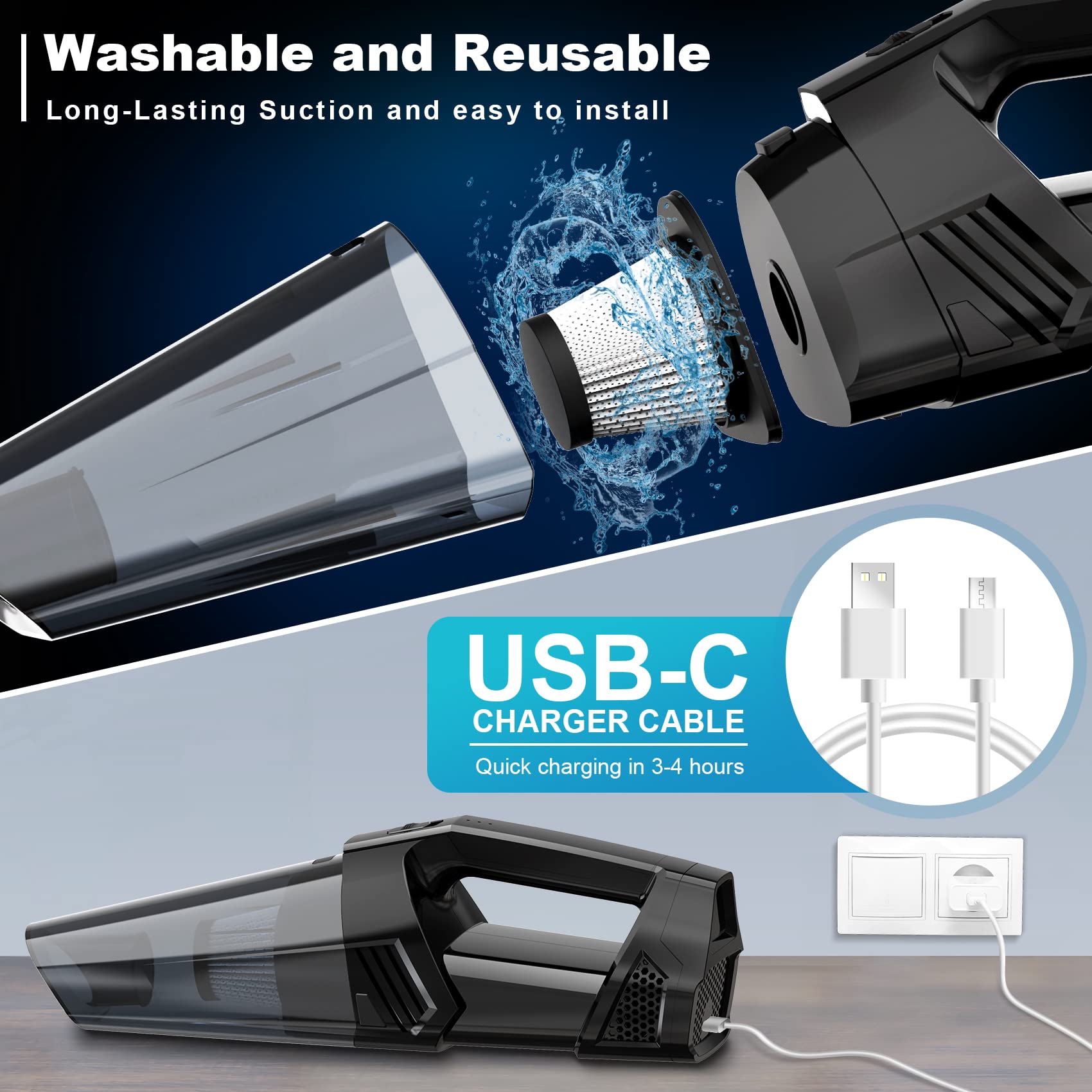 Handheld Vacuum Cordless Car Vacuum Portable With Led Light, High Power Suction, Lightweight Rechargeable Hand Vacuum, Hand Held