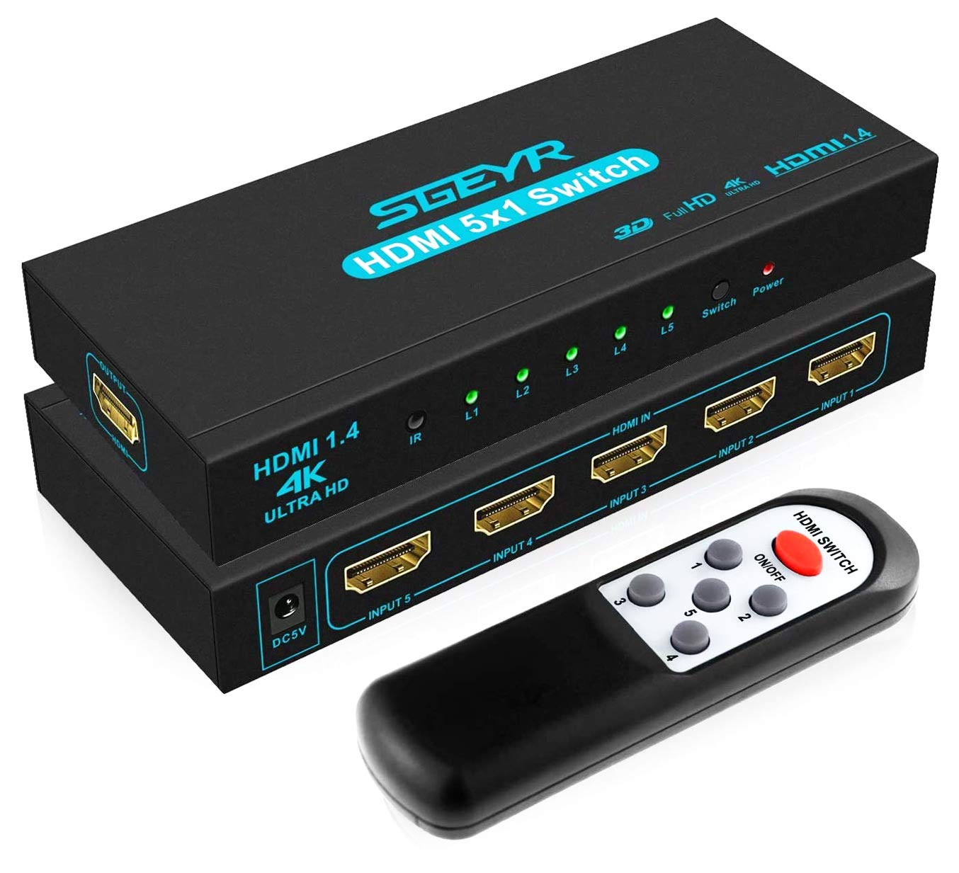 Hdmi Switch Sgeyr 5X1 Hdmi Switcher 5 In 1 Out Hdmi Switch Selector 5 Port Box With Ir Remote Control Hdmi 1.4 Hdcp 1.4 Support 4K@30Hz Ultra Hd 3D 2160P 1080P