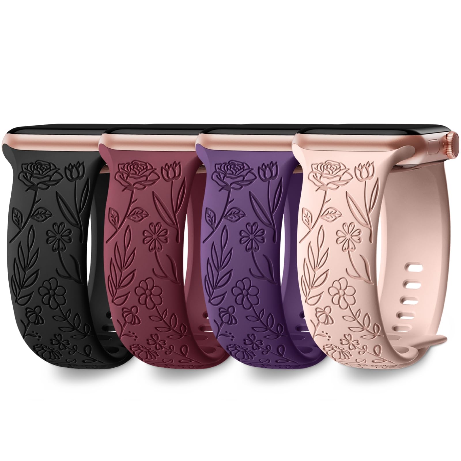 Daqin Floral Engraved Bands Compatible With Apple Watch Band 44Mm 42Mm 45Mm 38Mm 40Mm 41Mm 49Mm Women Girl, Soft Silicone Waterp