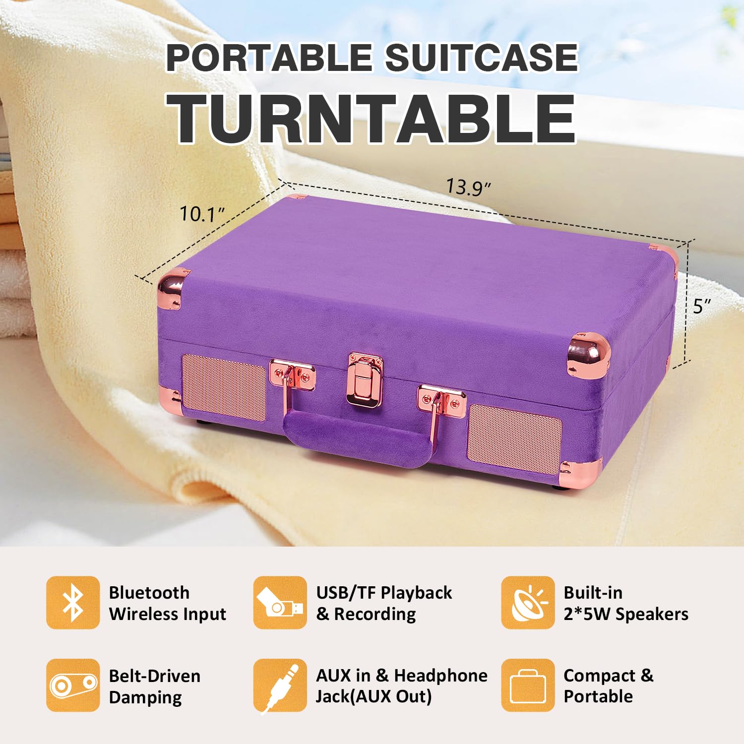 Velvet Vinyl Record Player   33 45 78 Rpm Portable Suitcase Turntable With Usb Recording, Bluetooth, Built In Speakers, Rose Gol