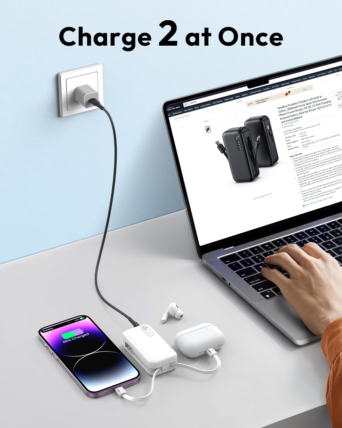 A Addtop 2-Pack Mini-Portable-Charger-With-Built In-Cables - 5000Mah Small Power Bank Pd Qc Fast Charging Usb-C External Battery